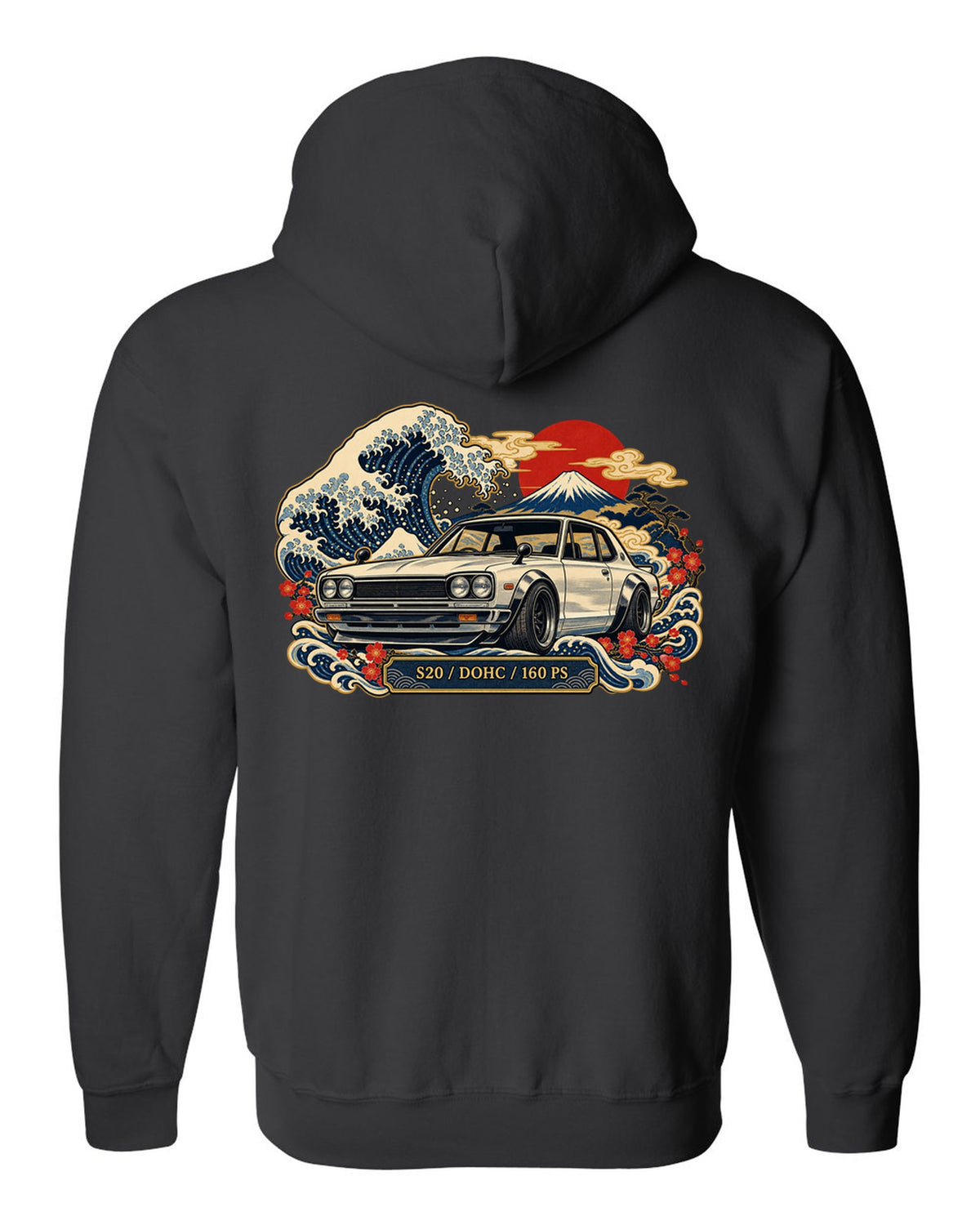 Ukiyo-e woodblock wave print of the Skyline 2000GT-R Hakosuka KPGC10 with S20 DOHC 160 PS lettering black zip hoodie back view with the design