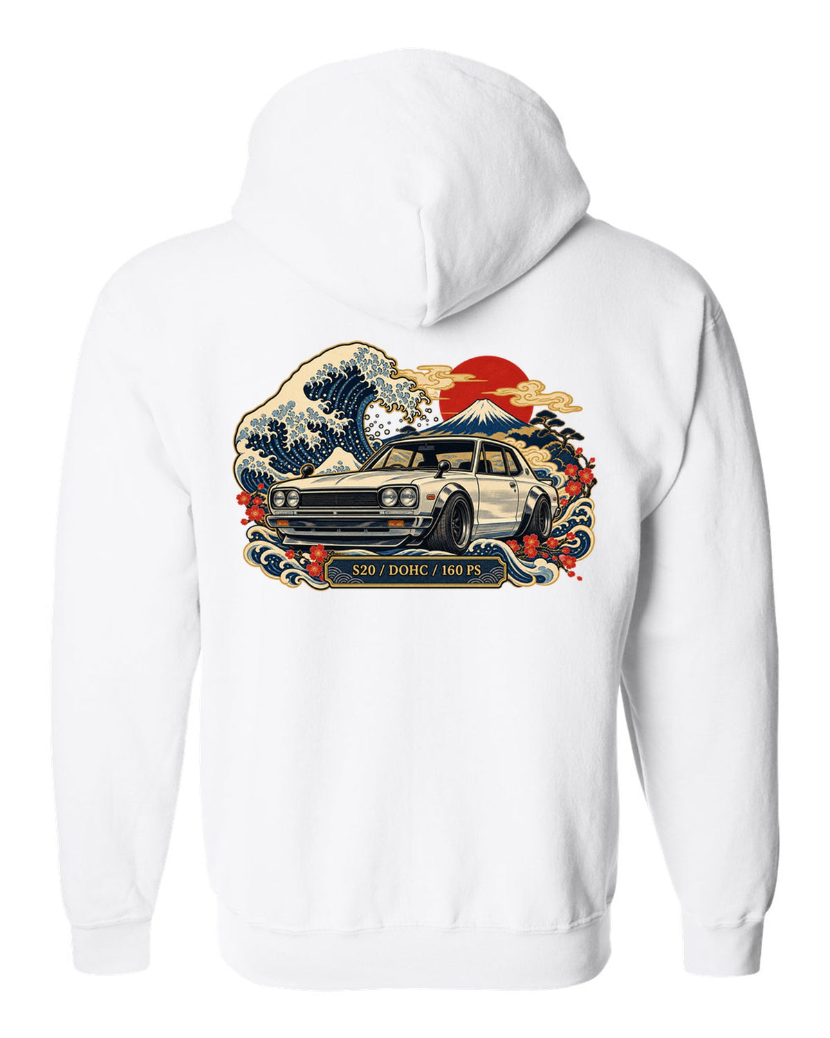 Ukiyo-e woodblock wave print of the Skyline 2000GT-R Hakosuka KPGC10 with S20 DOHC 160 PS lettering white zip hoodie back view with the design