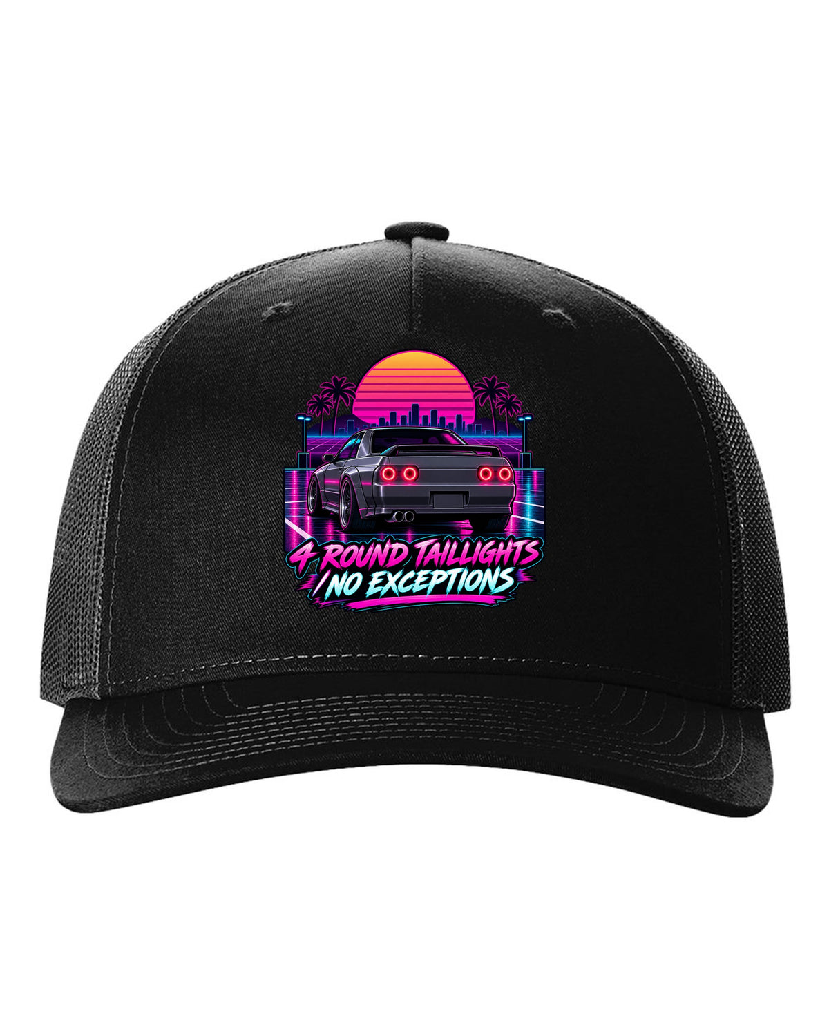 Neon synthwave print of a Nissan Skyline GT-R R32 BNR32 rear with four round taillights black hat front view with the design