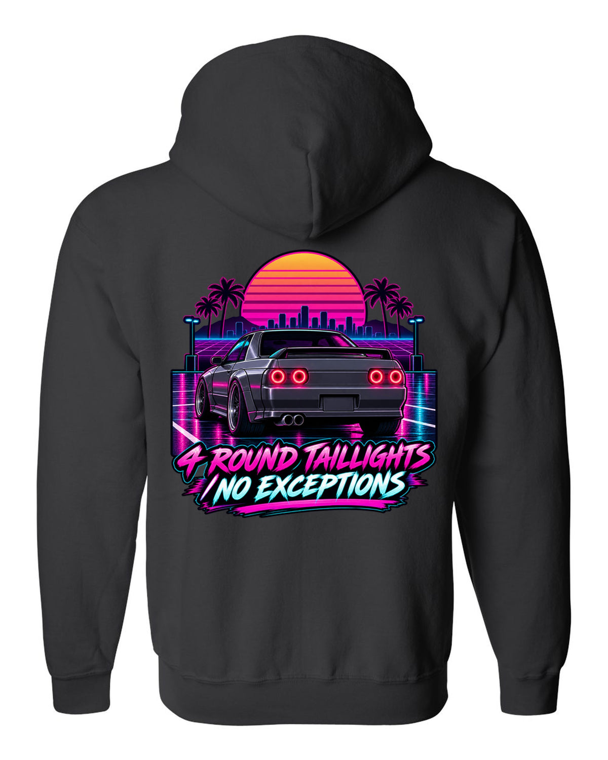 Neon synthwave print of a Nissan Skyline GT-R R32 BNR32 rear with four round taillights black zip hoodie back view with the design