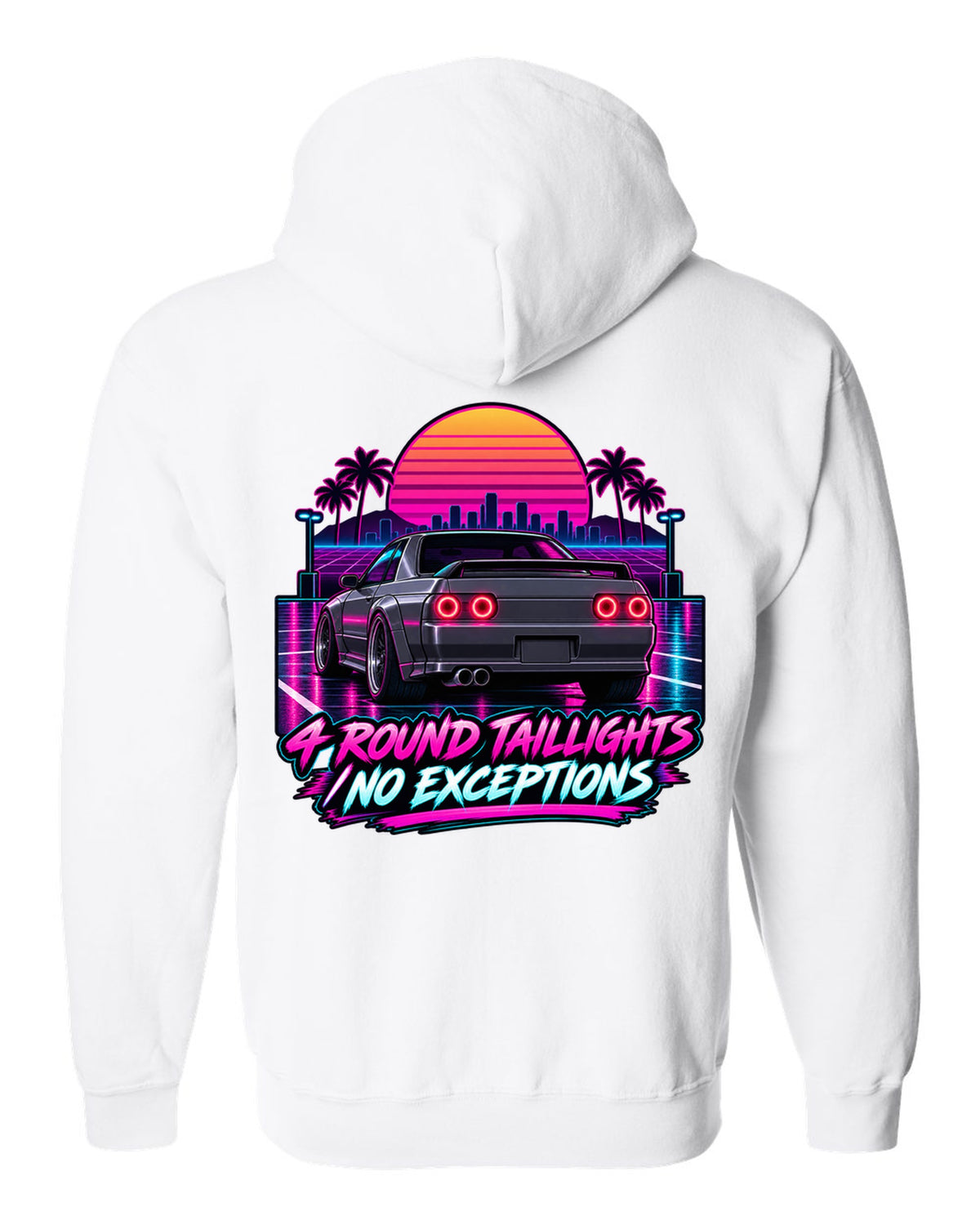 Neon synthwave print of a Nissan Skyline GT-R R32 BNR32 rear with four round taillights white zip hoodie back view with the design