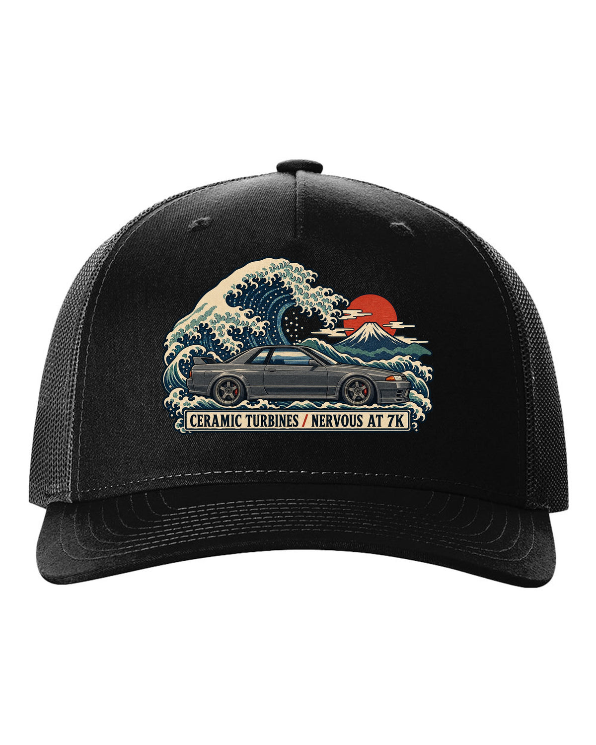 Ukiyo-e woodblock print of a gun grey Nissan Skyline GT-R R32 BNR32 on a wave black hat front view with the design
