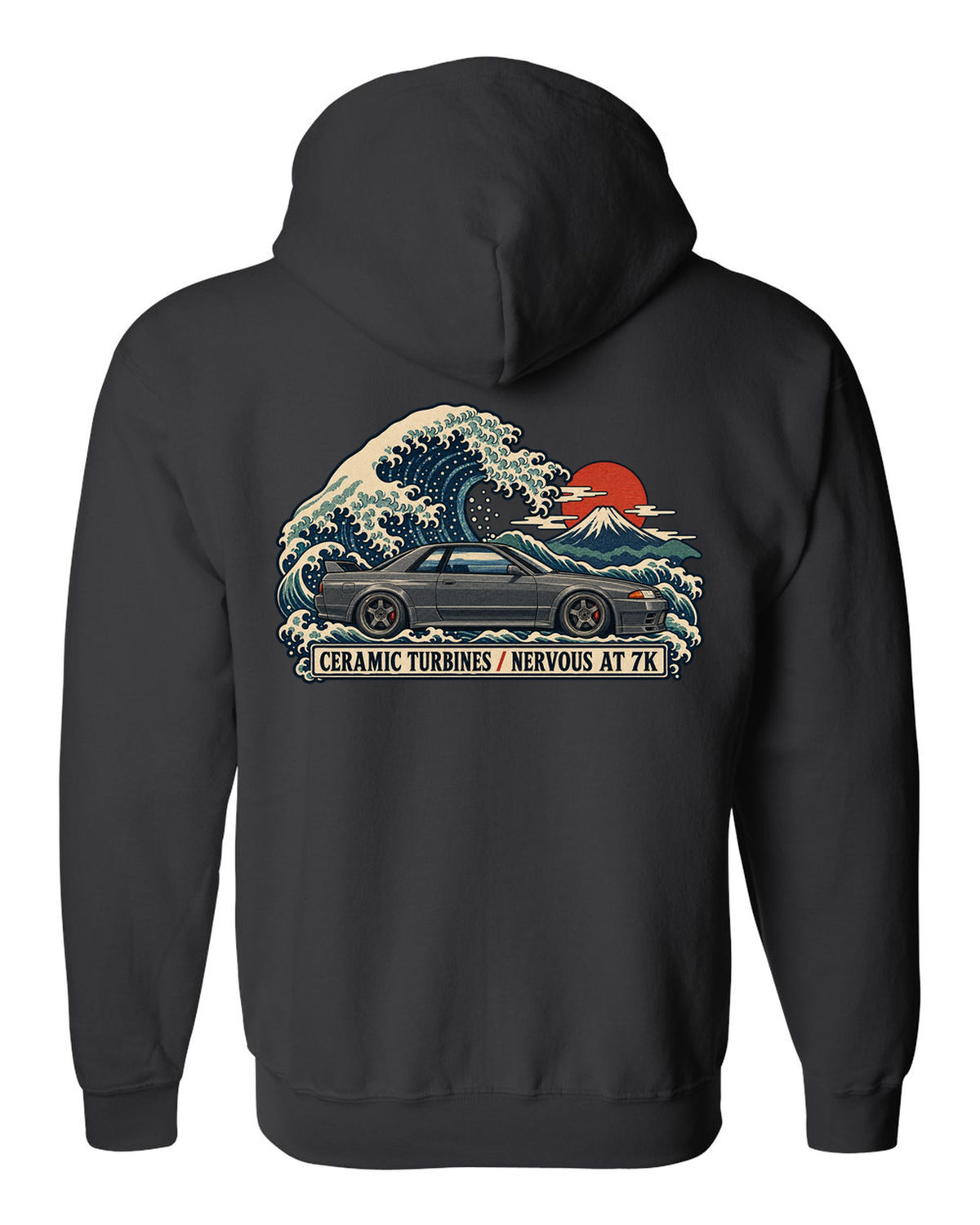 Ukiyo-e woodblock print of a gun grey Nissan Skyline GT-R R32 BNR32 on a wave black zip hoodie back view with the design