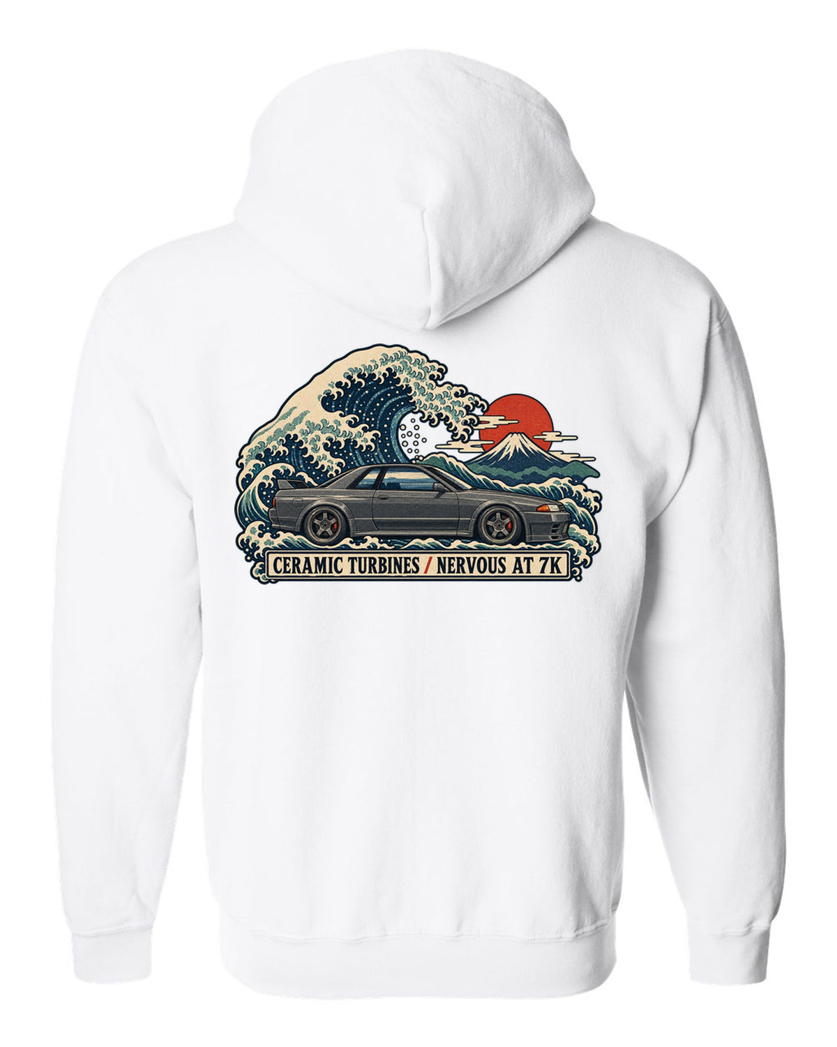 Ukiyo-e woodblock print of a gun grey Nissan Skyline GT-R R32 BNR32 on a wave white zip hoodie back view with the design