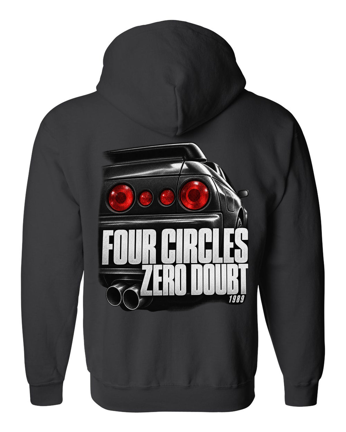 Close-up macro of the round taillights on a Nissan Skyline GT-R R32 with four circles lettering black zip hoodie back view with the design