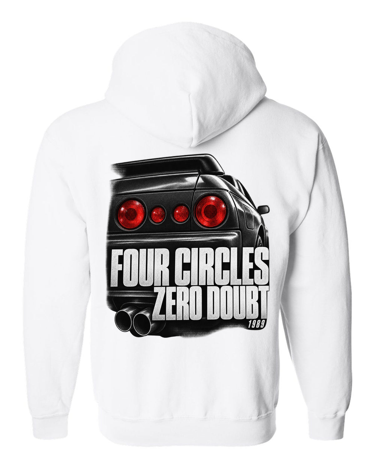 Close-up macro of the round taillights on a Nissan Skyline GT-R R32 with four circles lettering white zip hoodie back view with the design