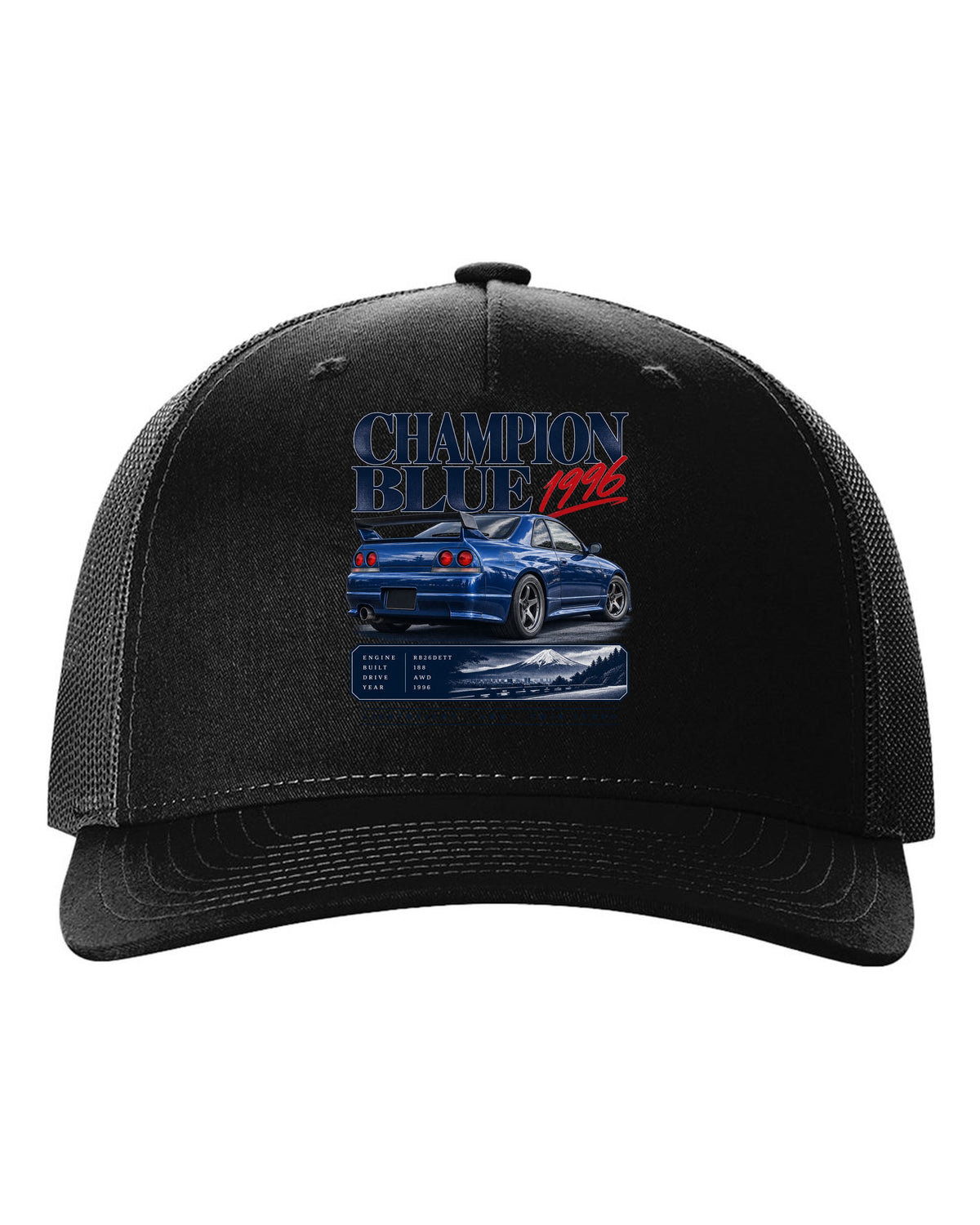 Archive panel of a Nissan Skyline GT-R R33 LM Limited in Champion Blue with 1996 and 188 made lettering black hat front view with the design
