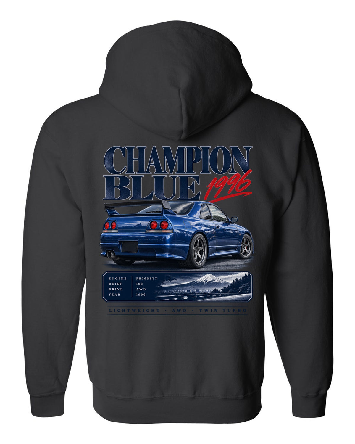 Archive panel of a Nissan Skyline GT-R R33 LM Limited in Champion Blue with 1996 and 188 made lettering black zip hoodie back view with the design