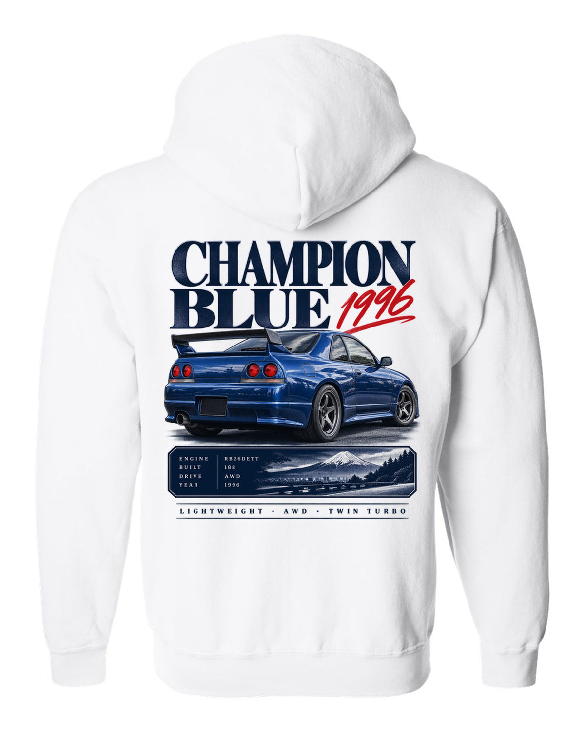 Archive panel of a Nissan Skyline GT-R R33 LM Limited in Champion Blue with 1996 and 188 made lettering white zip hoodie back view with the design
