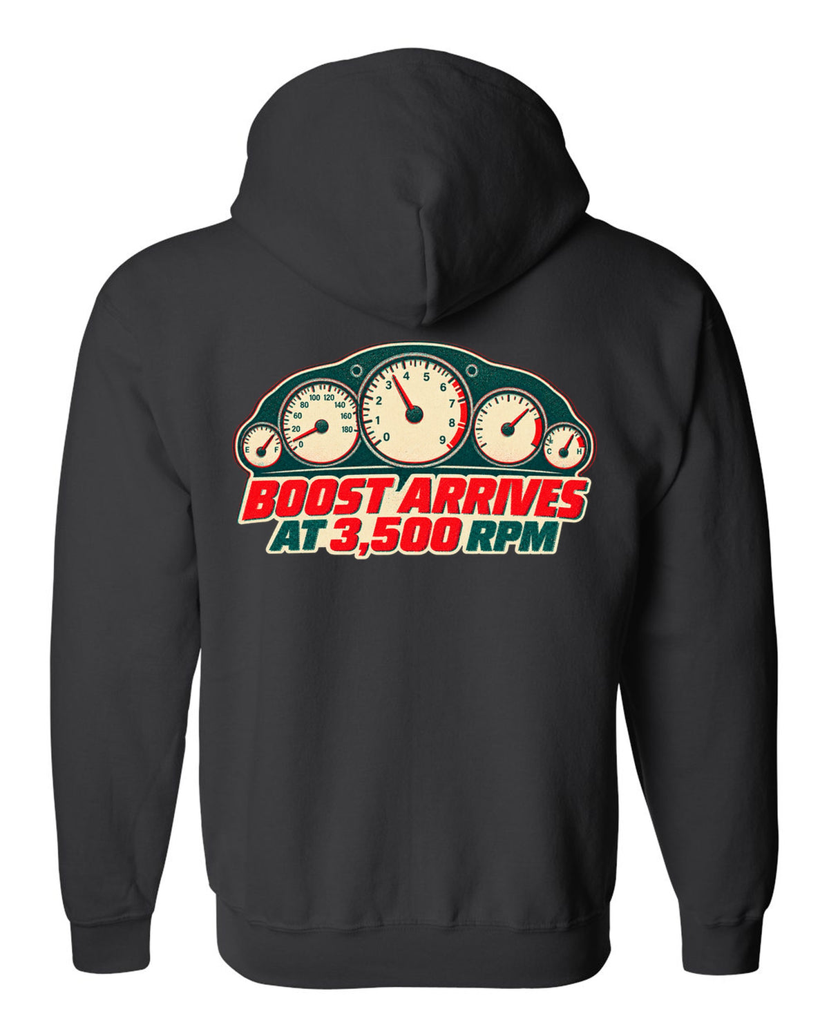 Risograph two-colour print of a tachometer for the Nissan Skyline GT-R R33 BCNR33 black zip hoodie back view with the design
