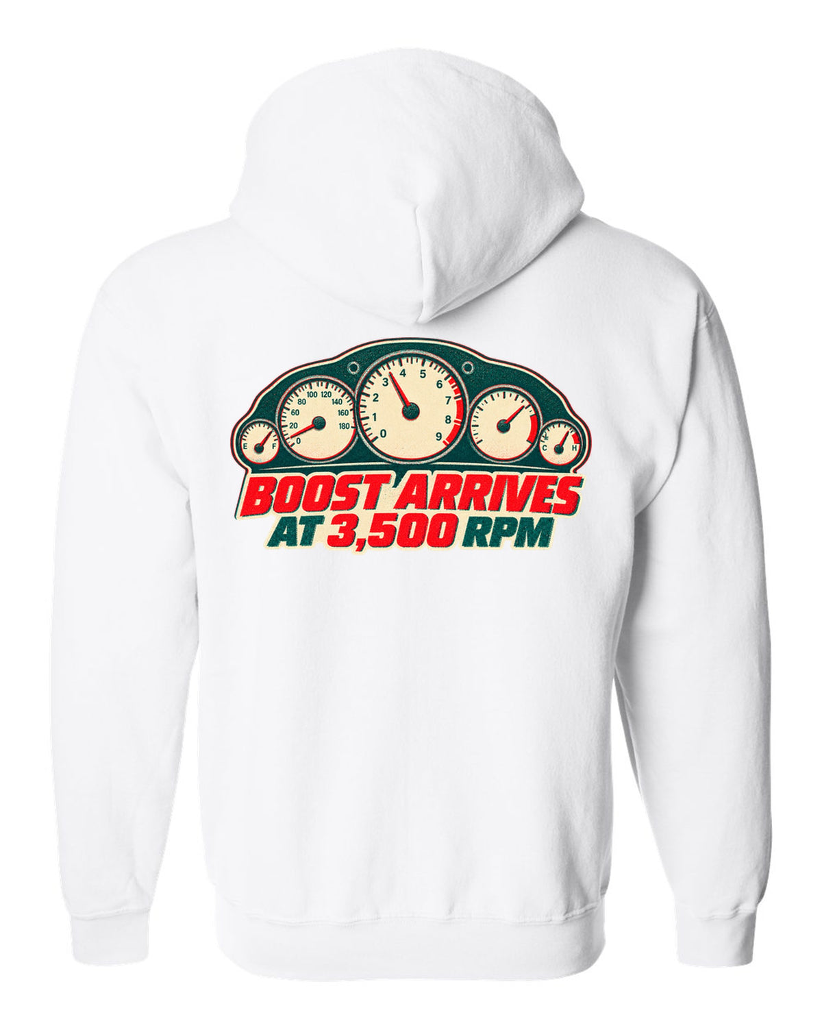 Risograph two-colour print of a tachometer for the Nissan Skyline GT-R R33 BCNR33 white zip hoodie back view with the design