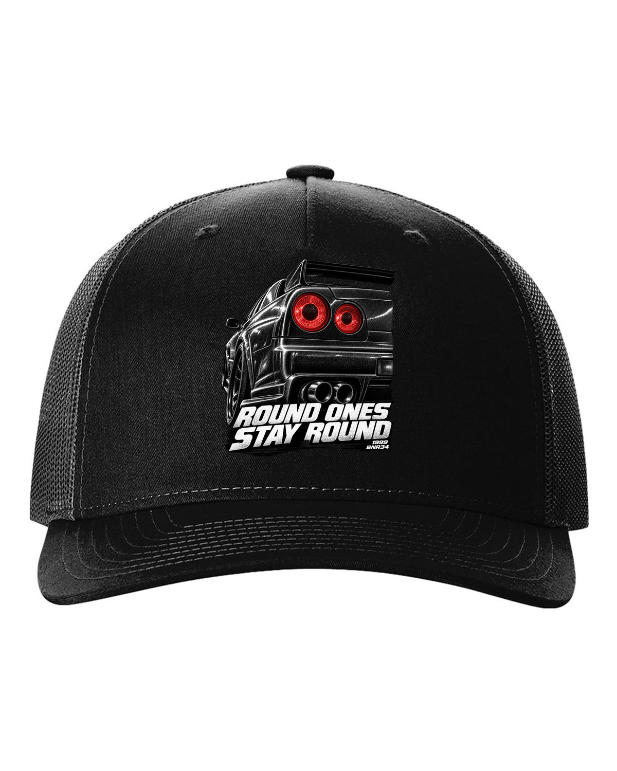 Macro print of the round taillights on a Nissan Skyline GT-R R34 BNR34 black hat front view with the design
