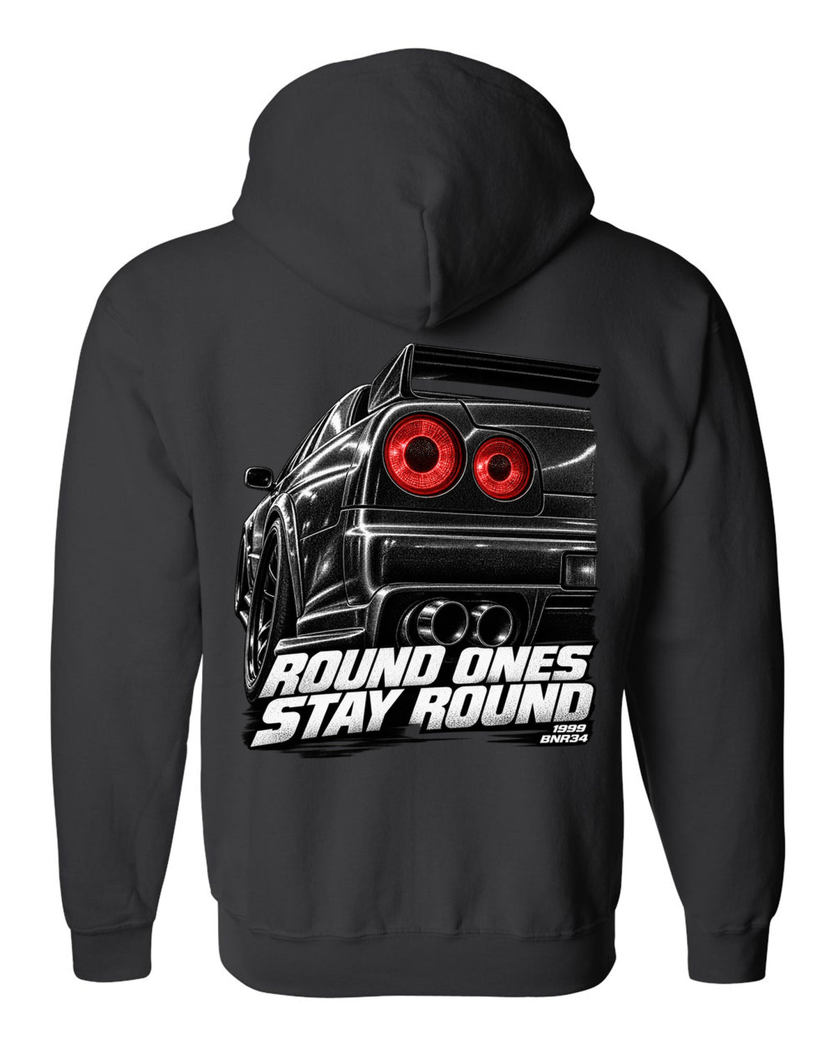 Macro print of the round taillights on a Nissan Skyline GT-R R34 BNR34 black zip hoodie back view with the design