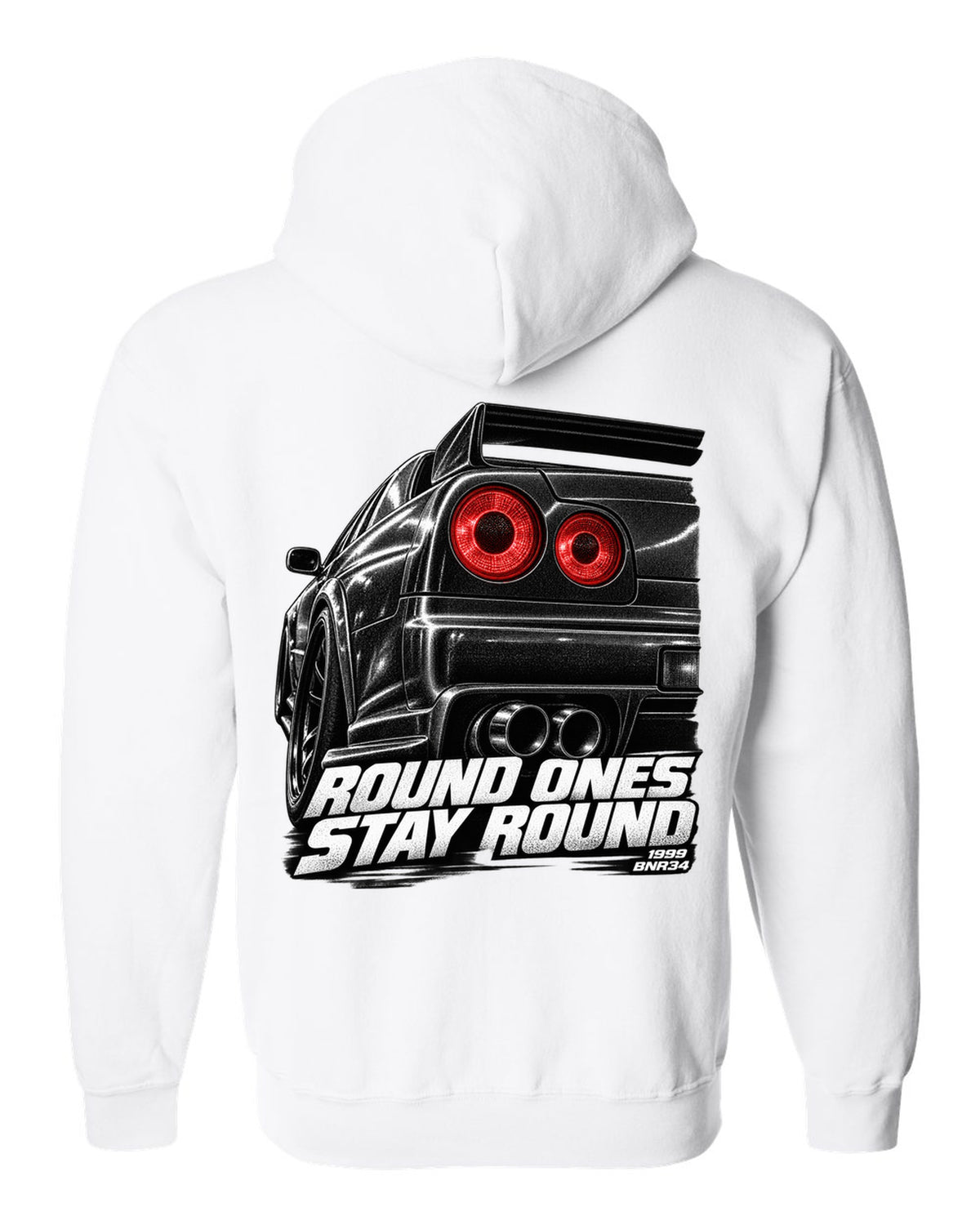 Macro print of the round taillights on a Nissan Skyline GT-R R34 BNR34 white zip hoodie back view with the design