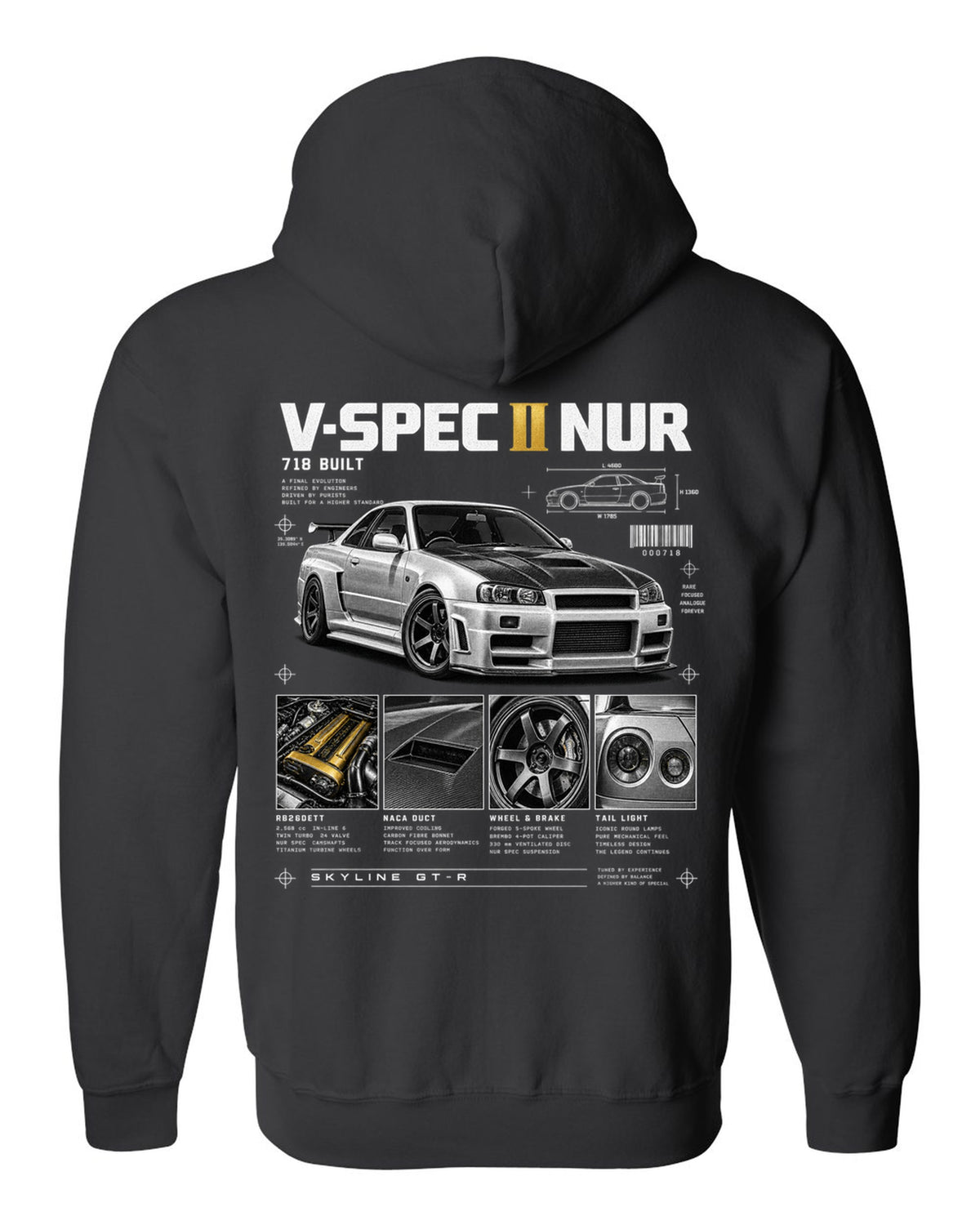 Dossier panels of a Nissan Skyline GT-R R34 V-Spec II Nur with 718 built and gold cam covers lettering black zip hoodie back view with the design