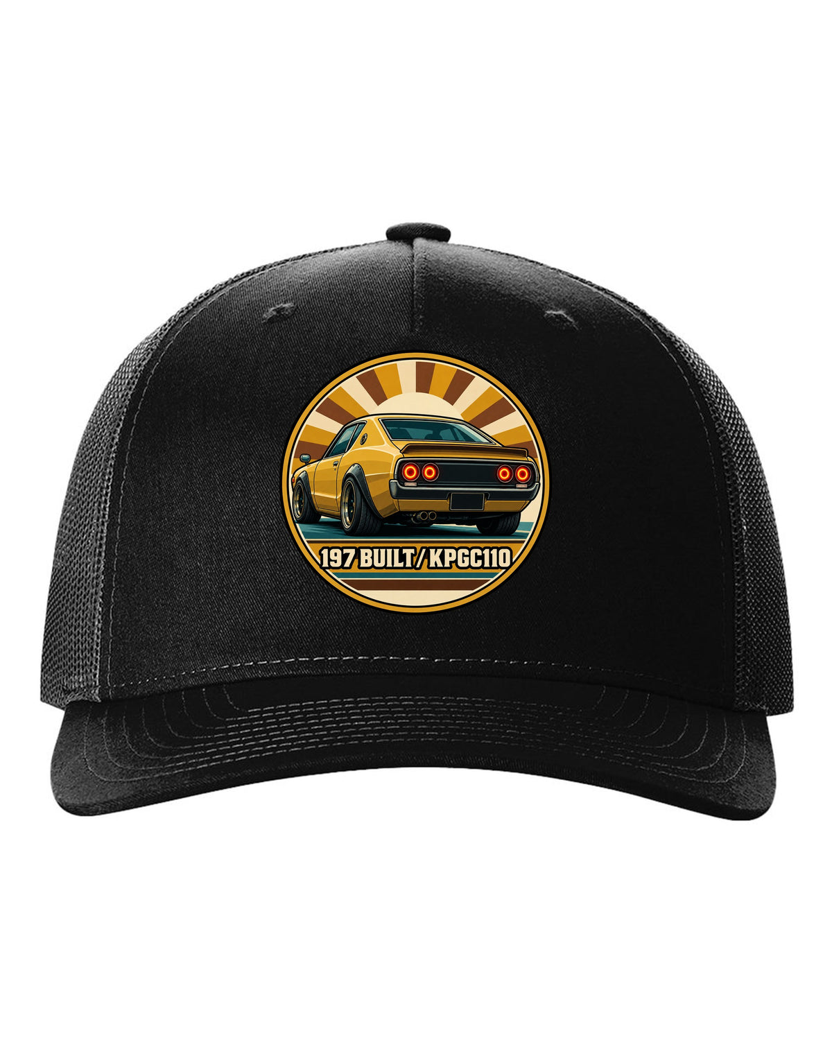 Round crest print for the Skyline Kenmeri KPGC110 with 197 Built lettering black hat front view with the design