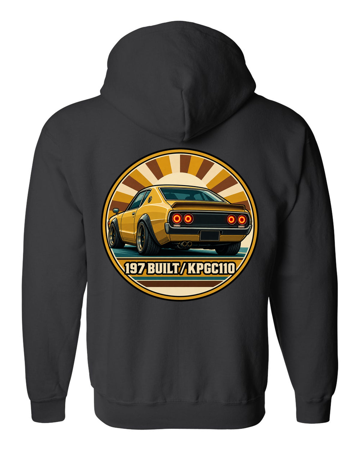 Round crest print for the Skyline Kenmeri KPGC110 with 197 Built lettering black zip hoodie back view with the design
