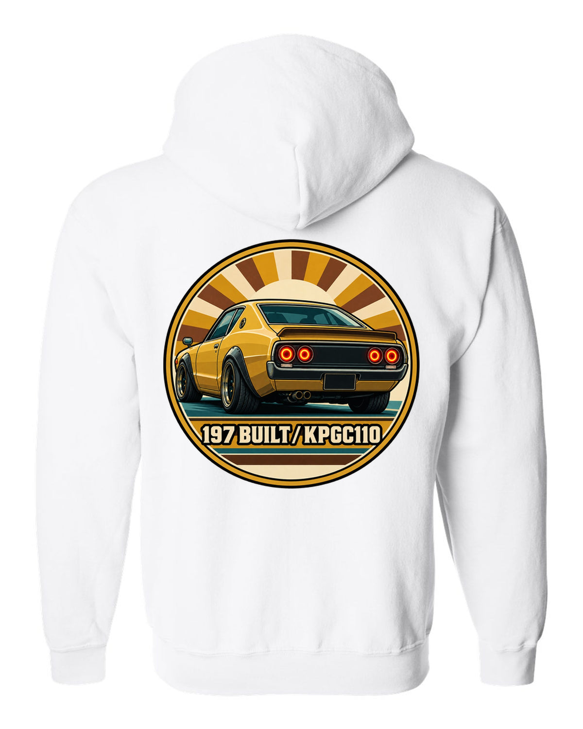 Round crest print for the Skyline Kenmeri KPGC110 with 197 Built lettering white zip hoodie back view with the design