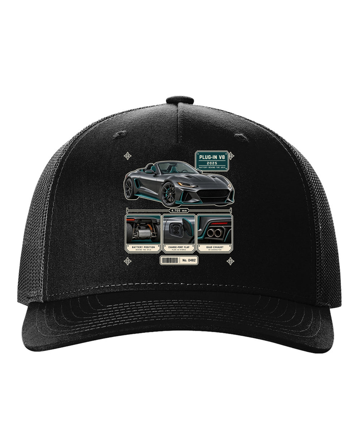 Mercedes-AMG SL63 S E Performance R232 dossier panel print in graphite and teal black hat front view with the design