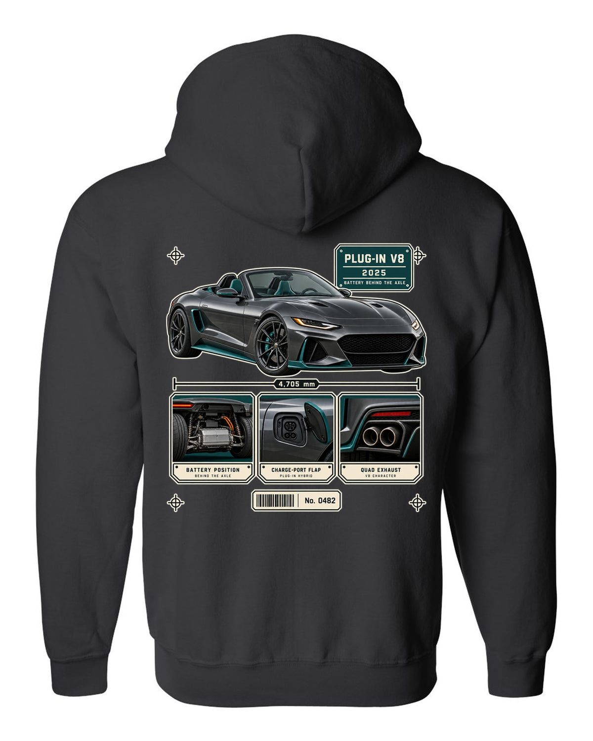 Mercedes-AMG SL63 S E Performance R232 dossier panel print in graphite and teal black zip hoodie back view with the design