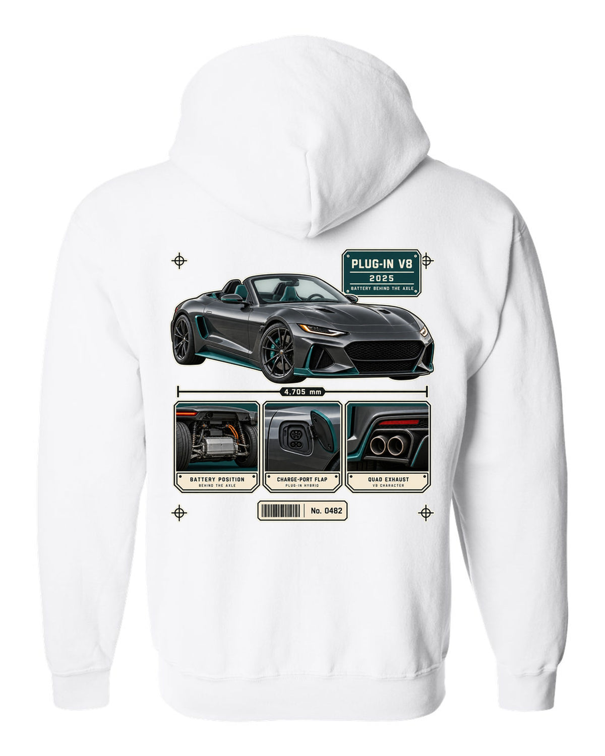 Mercedes-AMG SL63 S E Performance R232 dossier panel print in graphite and teal white zip hoodie back view with the design