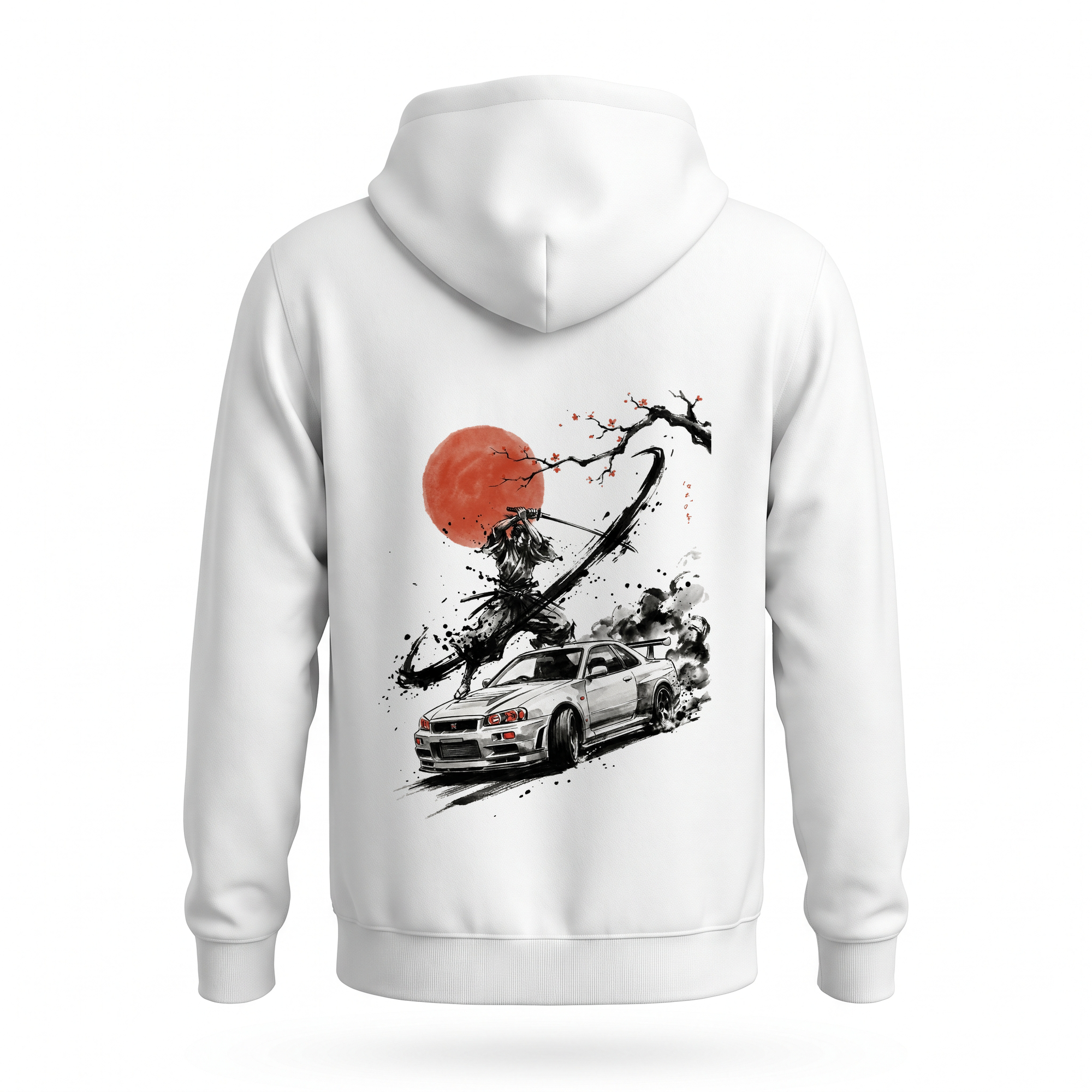 Slash — R34 GT-R Samurai Sumi Ink Full-Back Hoodie — White back