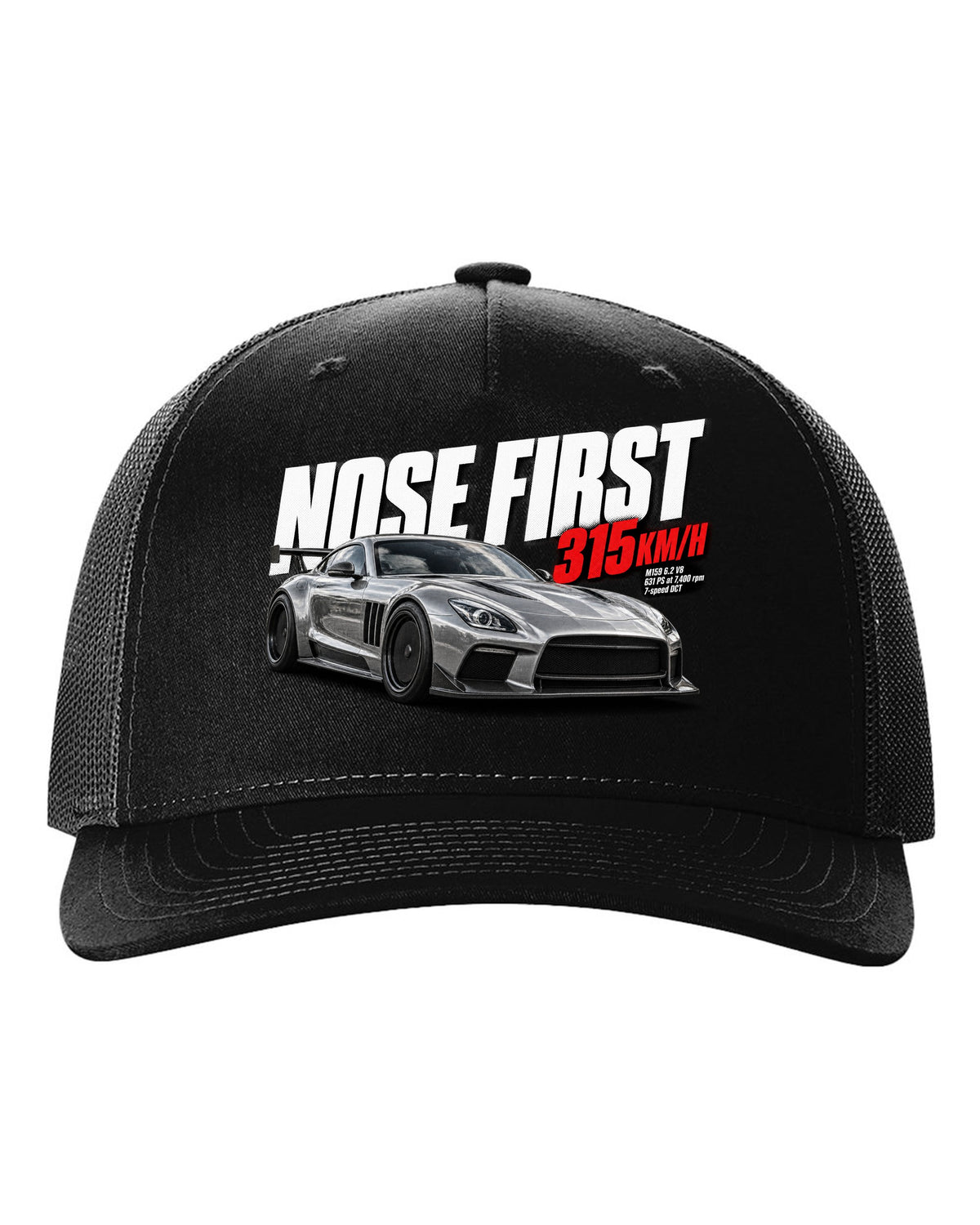 Halftone print of a Mercedes SLS AMG Black Series C197 with Nose First 315 km/h lettering black hat front view with the design