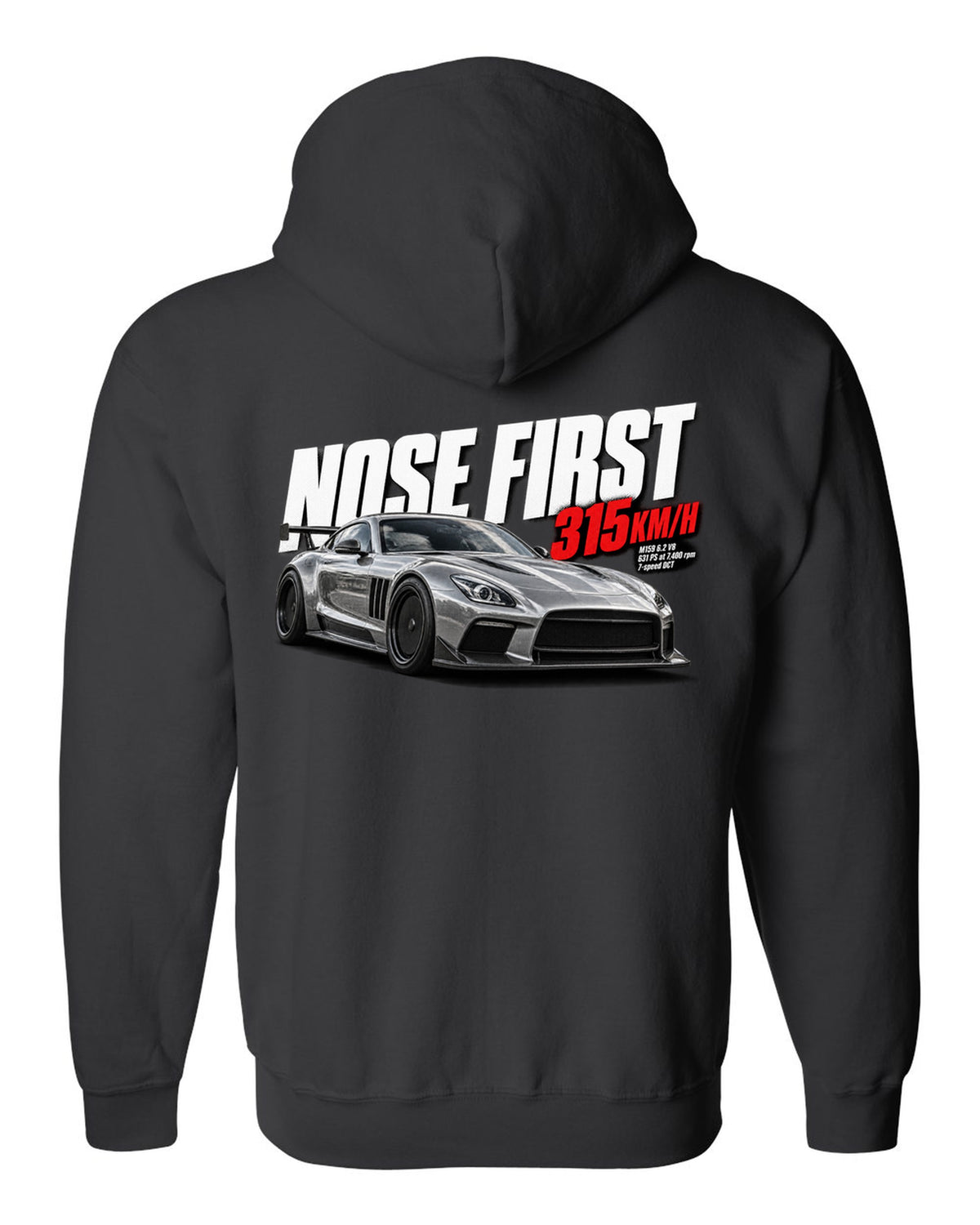 Halftone print of a Mercedes SLS AMG Black Series C197 with Nose First 315 km/h lettering black zip hoodie back view with the design