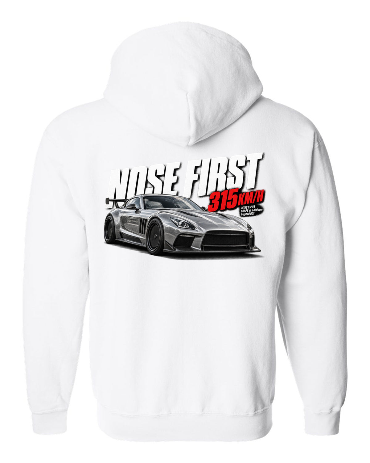 Halftone print of a Mercedes SLS AMG Black Series C197 with Nose First 315 km/h lettering white zip hoodie back view with the design