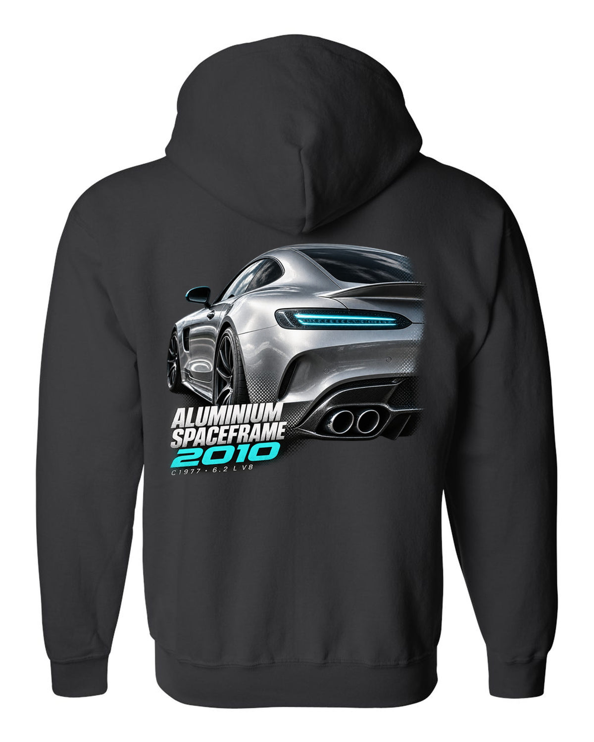 Taillight macro print of a Mercedes SLS AMG C197 with Aluminium Spaceframe 2010 lettering black zip hoodie back view with the design