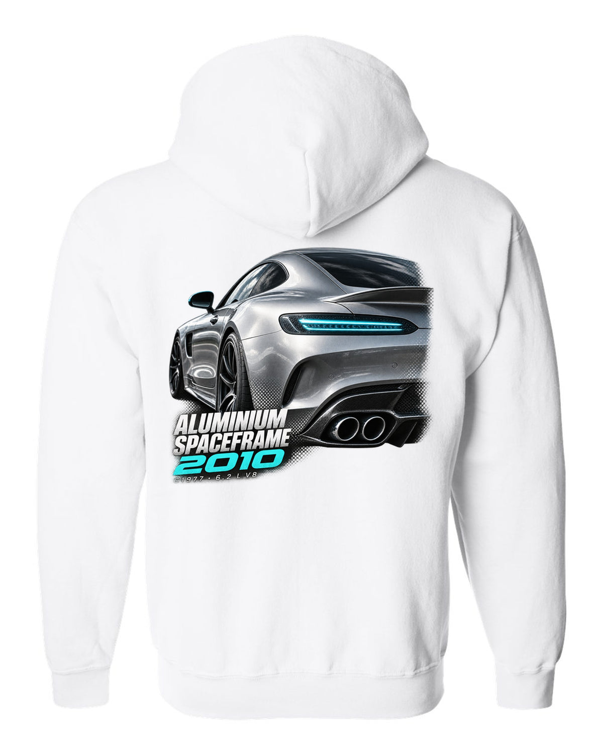 Taillight macro print of a Mercedes SLS AMG C197 with Aluminium Spaceframe 2010 lettering white zip hoodie back view with the design