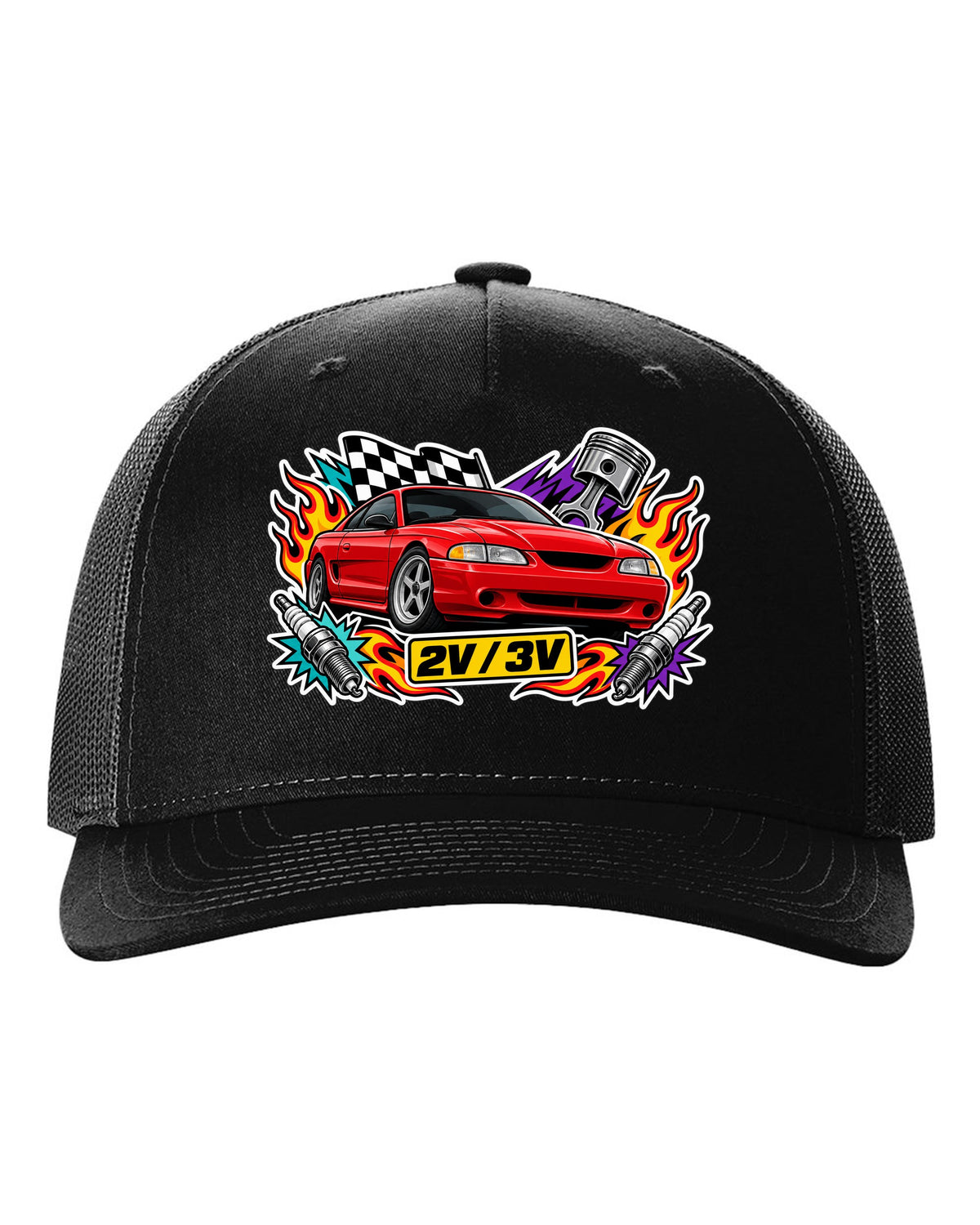 Sticker bomb collage of a 1994-98 SN95 Ford Mustang coupe with 2V 3V text black hat front view with the design