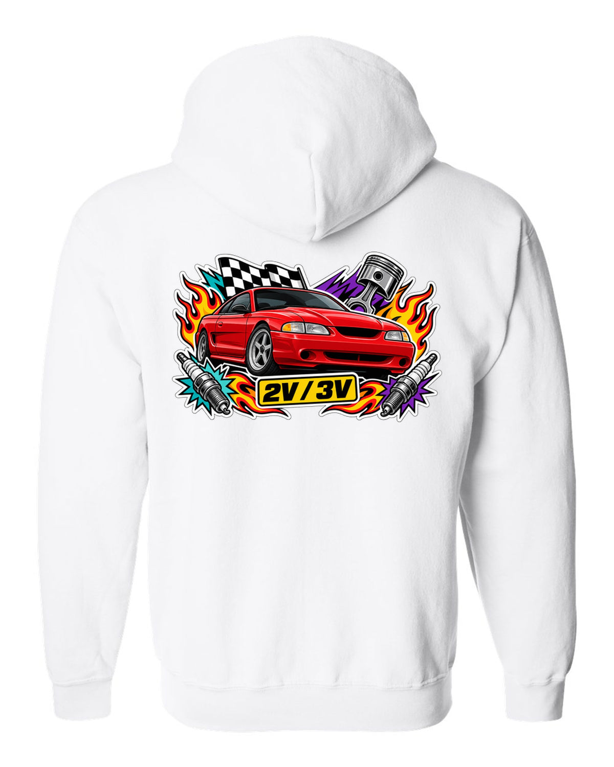 Sticker bomb collage of a 1994-98 SN95 Ford Mustang coupe with 2V 3V text white zip hoodie back view with the design