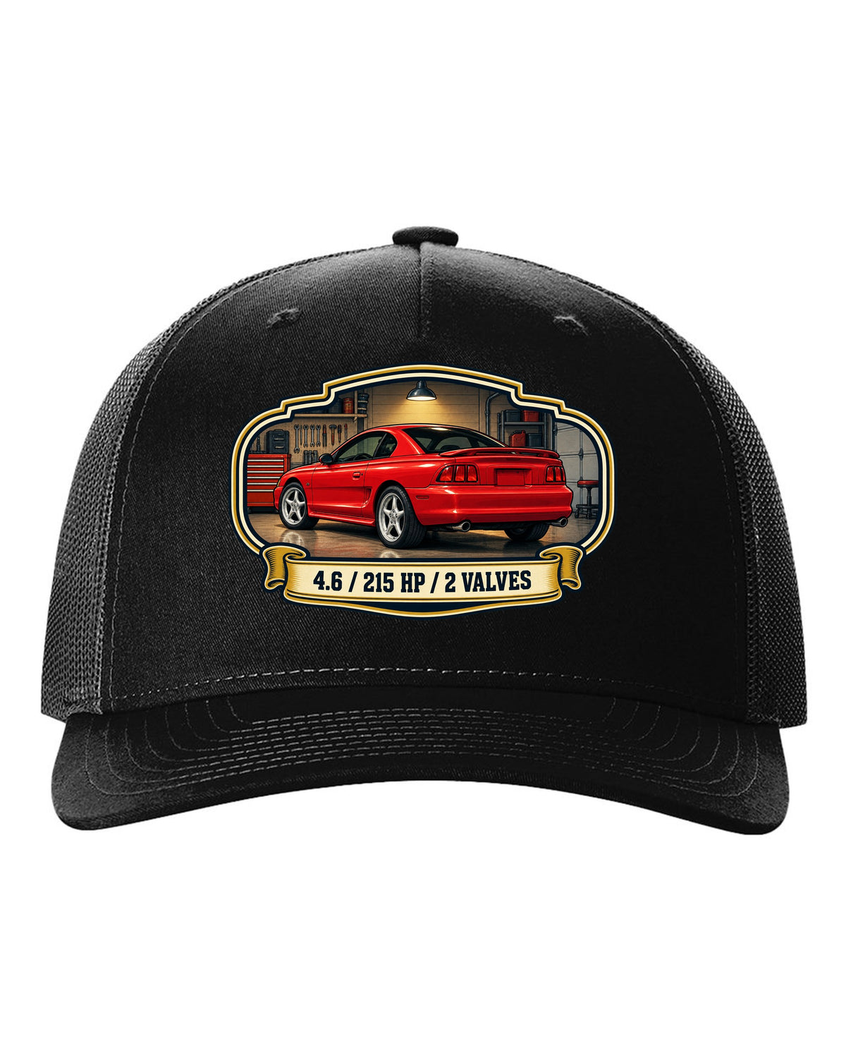 Vintage oil can label design of a 1994-98 SN95 Ford Mustang coupe with 4.6 specs black hat front view with the design