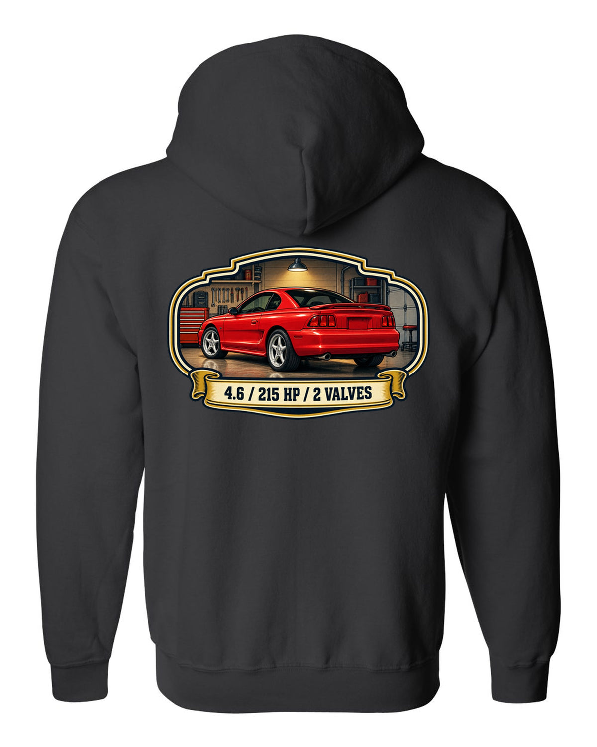 Vintage oil can label design of a 1994-98 SN95 Ford Mustang coupe with 4.6 specs black zip hoodie back view with the design