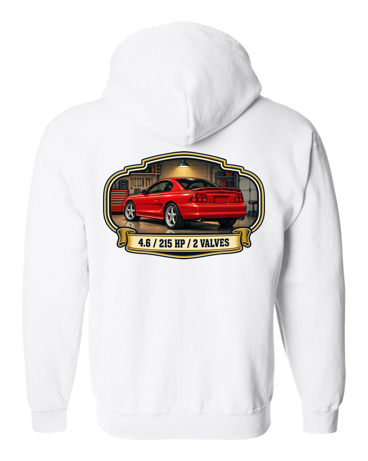 Vintage oil can label design of a 1994-98 SN95 Ford Mustang coupe with 4.6 specs white zip hoodie back view with the design