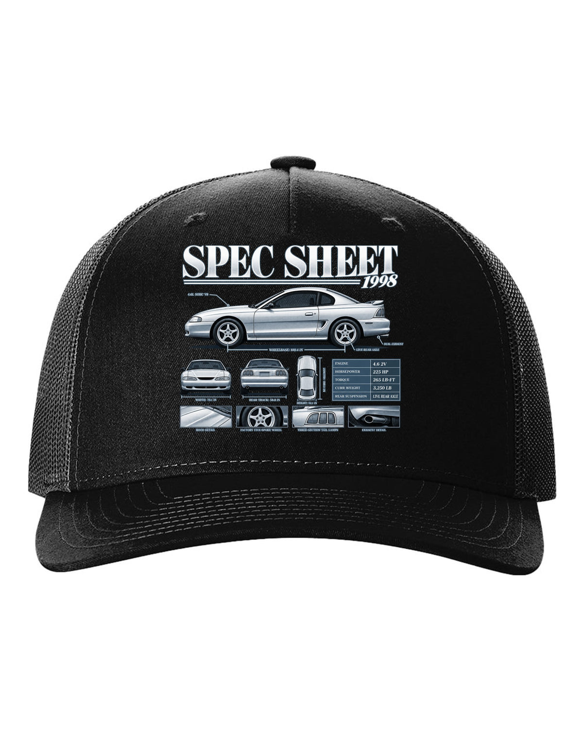 Spec sheet poster print of a 1998 SN95 Ford Mustang GT coupe black hat front view with the design