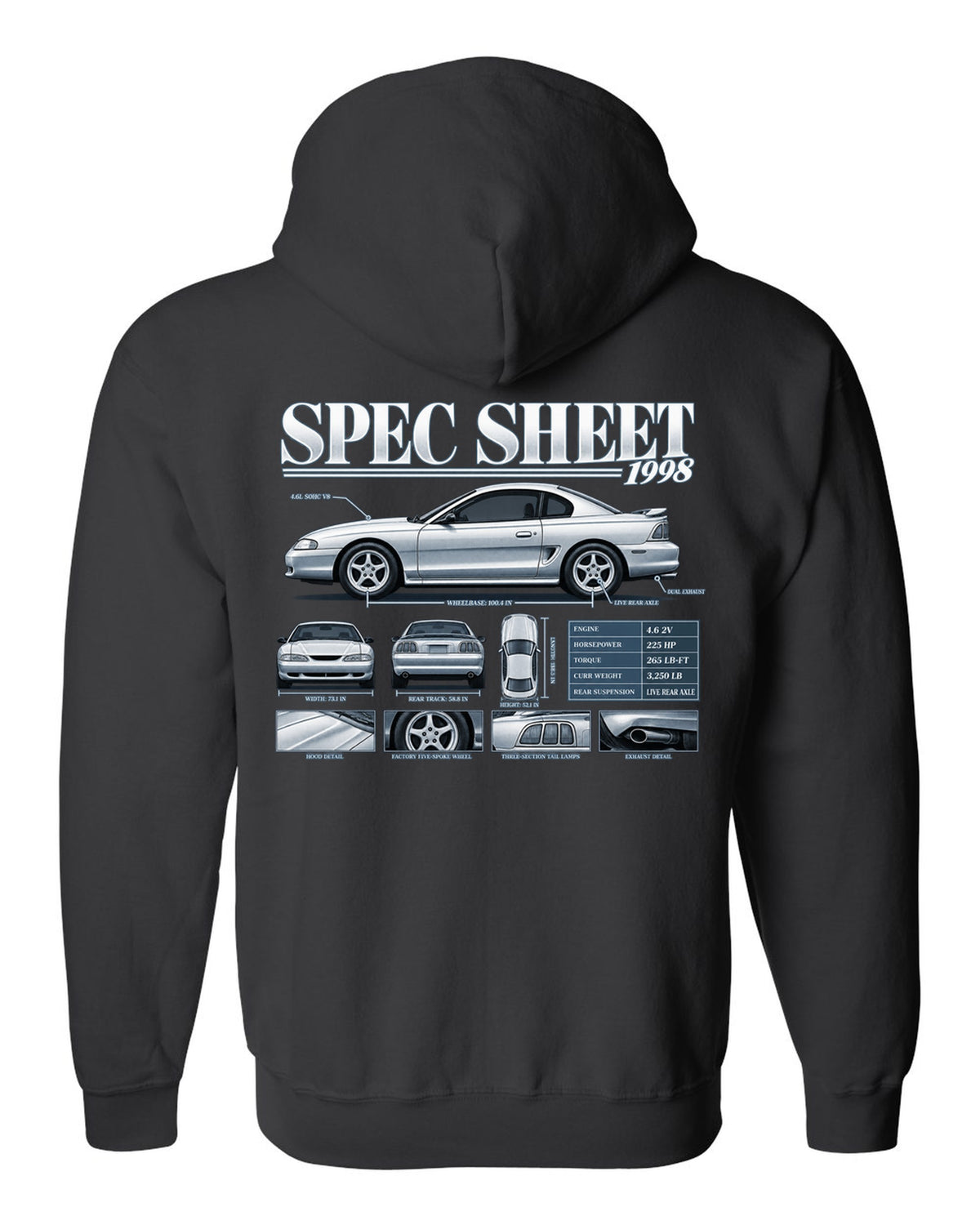Spec sheet poster print of a 1998 SN95 Ford Mustang GT coupe black zip hoodie back view with the design