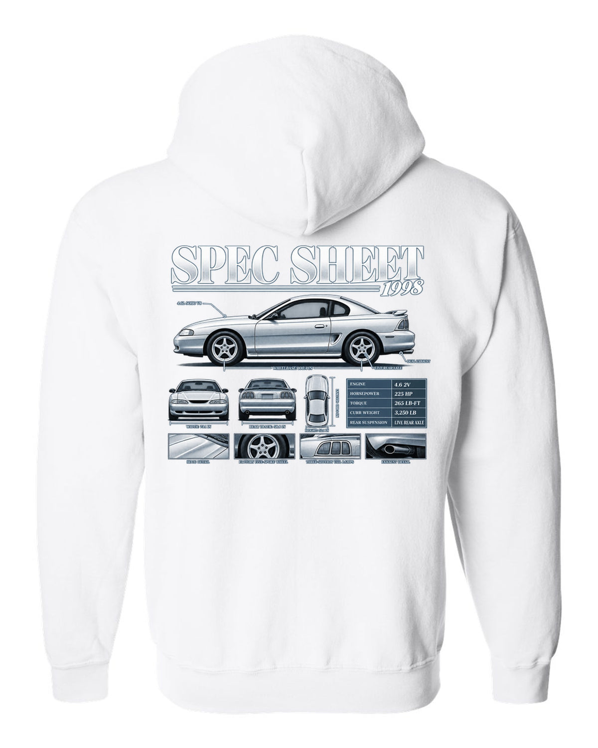 Spec sheet poster print of a 1998 SN95 Ford Mustang GT coupe white zip hoodie back view with the design