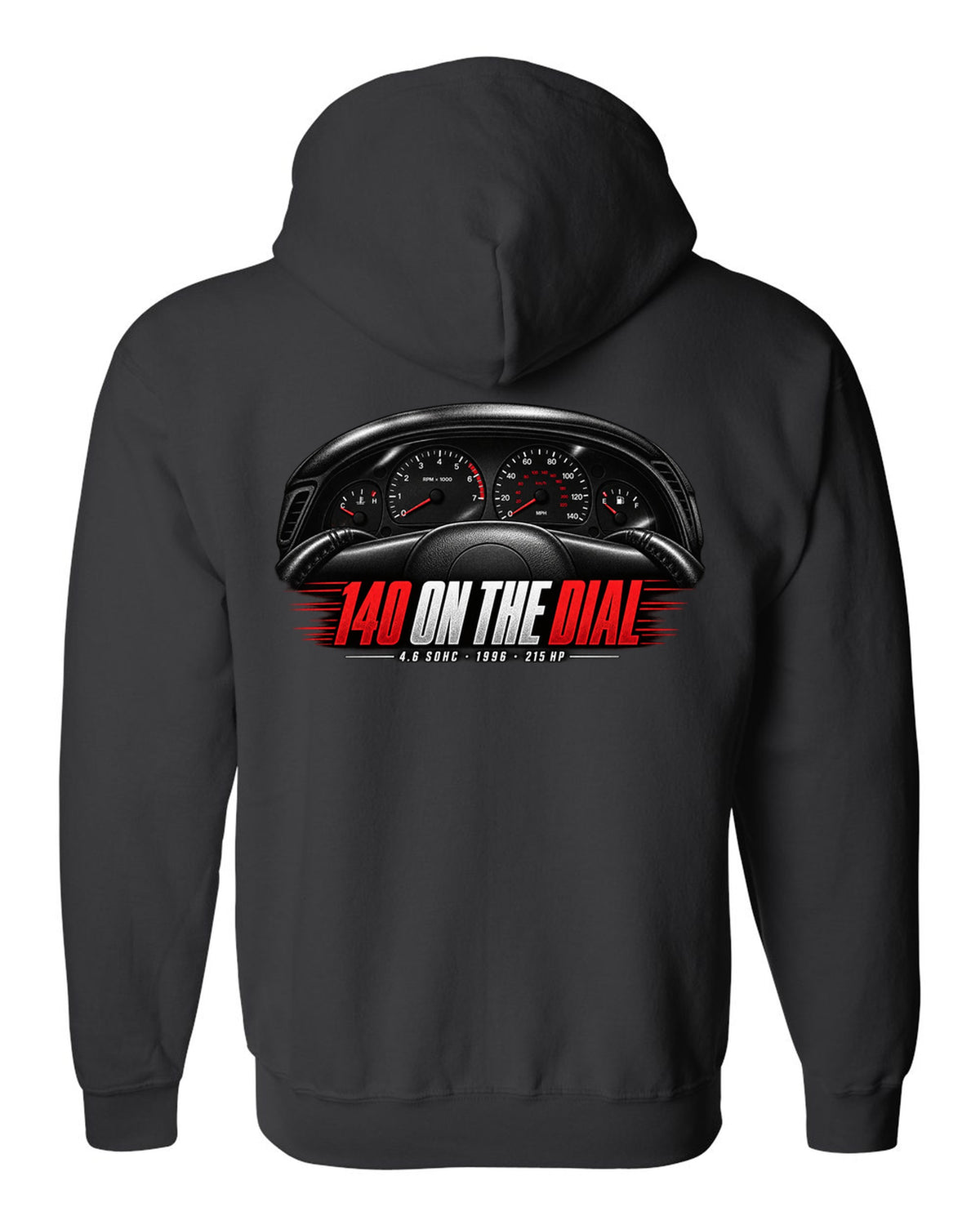 print of an SN95 Ford Mustang GT gauge cluster with 140 on the dial black zip hoodie back view with the design