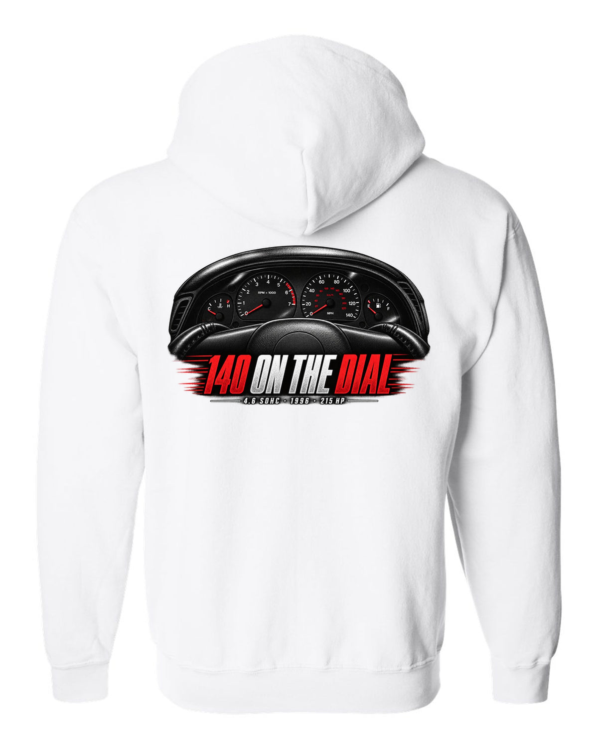 print of an SN95 Ford Mustang GT gauge cluster with 140 on the dial white zip hoodie back view with the design
