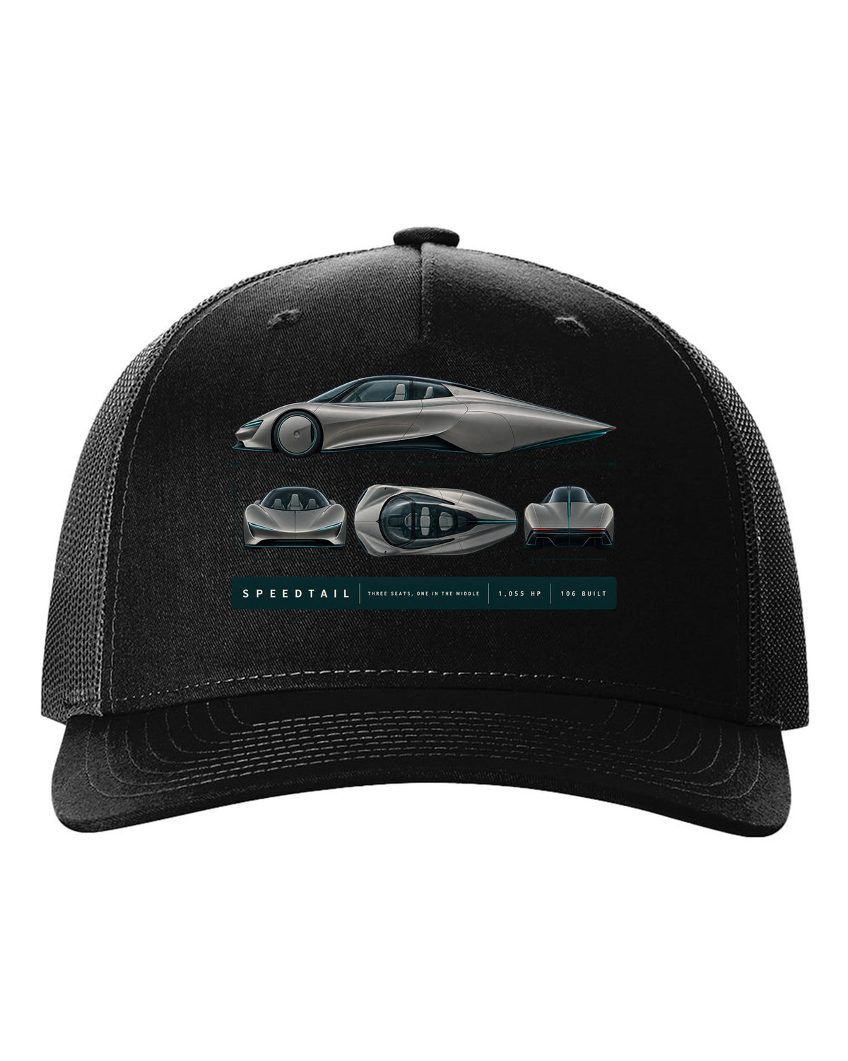 Warm grey and teal length blueprint print of a McLaren Speedtail black hat front view with the design