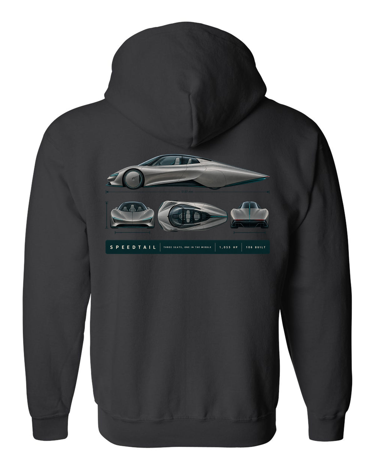 Warm grey and teal length blueprint print of a McLaren Speedtail black zip hoodie back view with the design