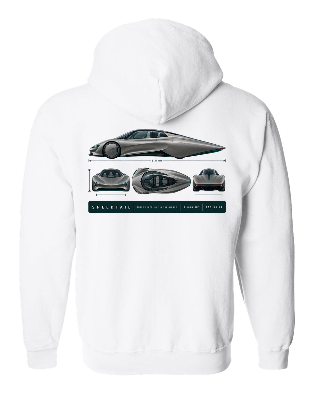 Warm grey and teal length blueprint print of a McLaren Speedtail white zip hoodie back view with the design