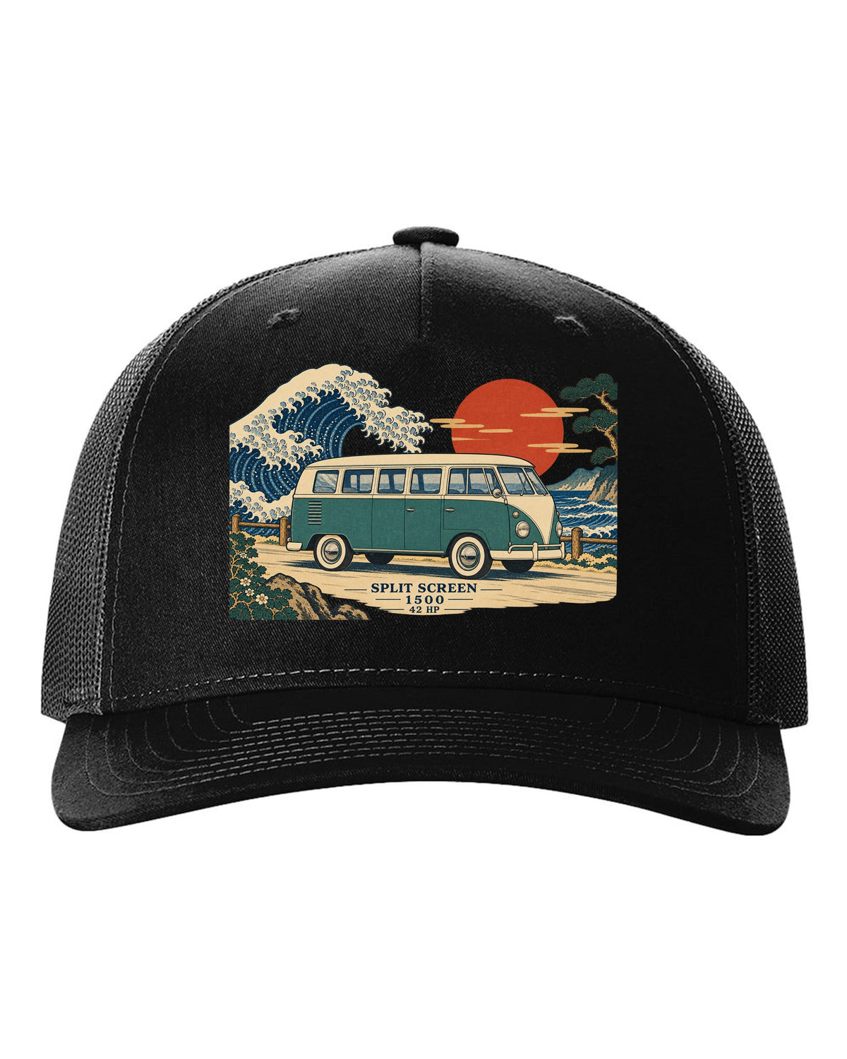 Ukiyo-e woodblock of a 1963 split-window VW Bus T1 with a wave and 42 HP lettering black hat front view with the design