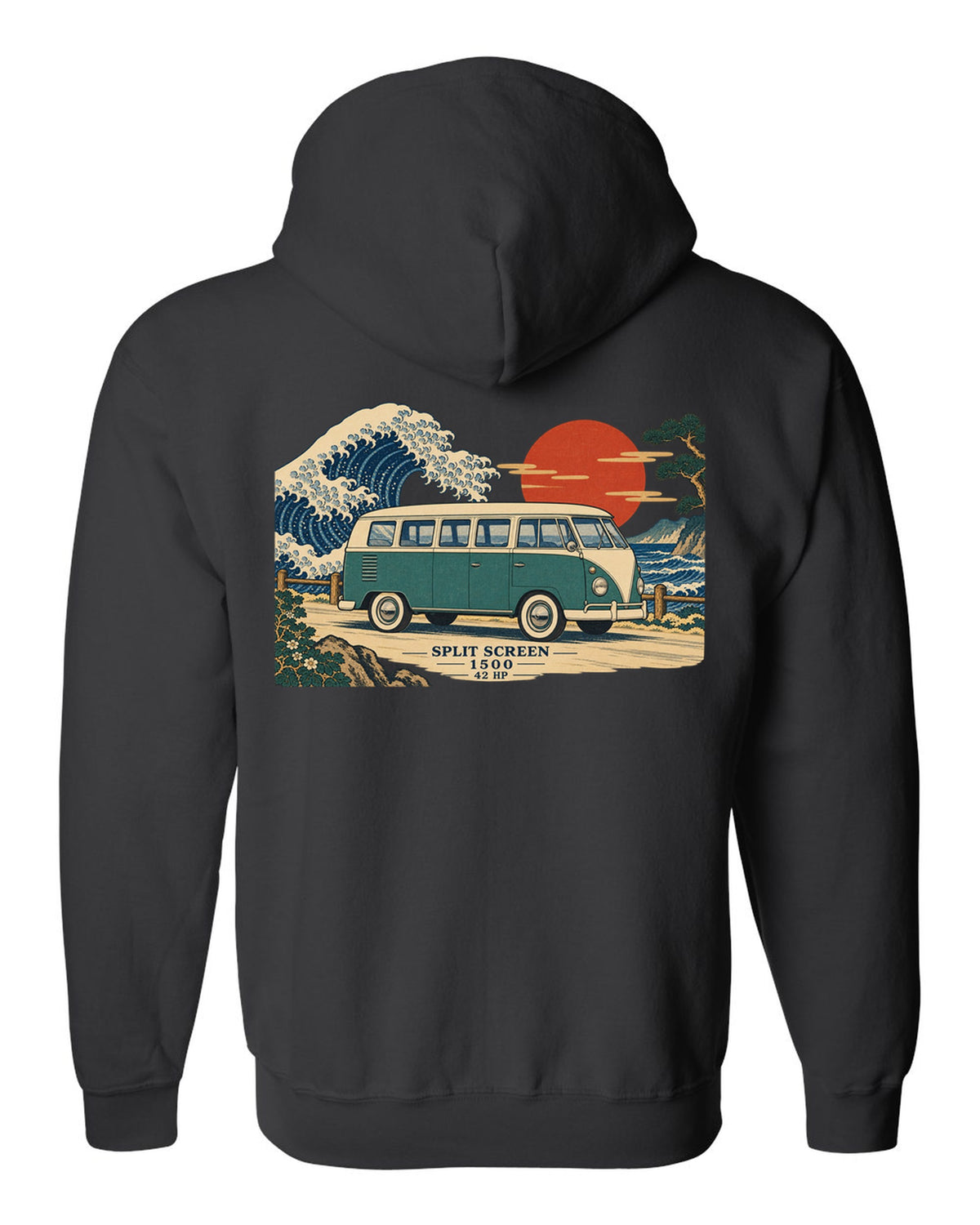 Ukiyo-e woodblock of a 1963 split-window VW Bus T1 with a wave and 42 HP lettering black zip hoodie back view with the design