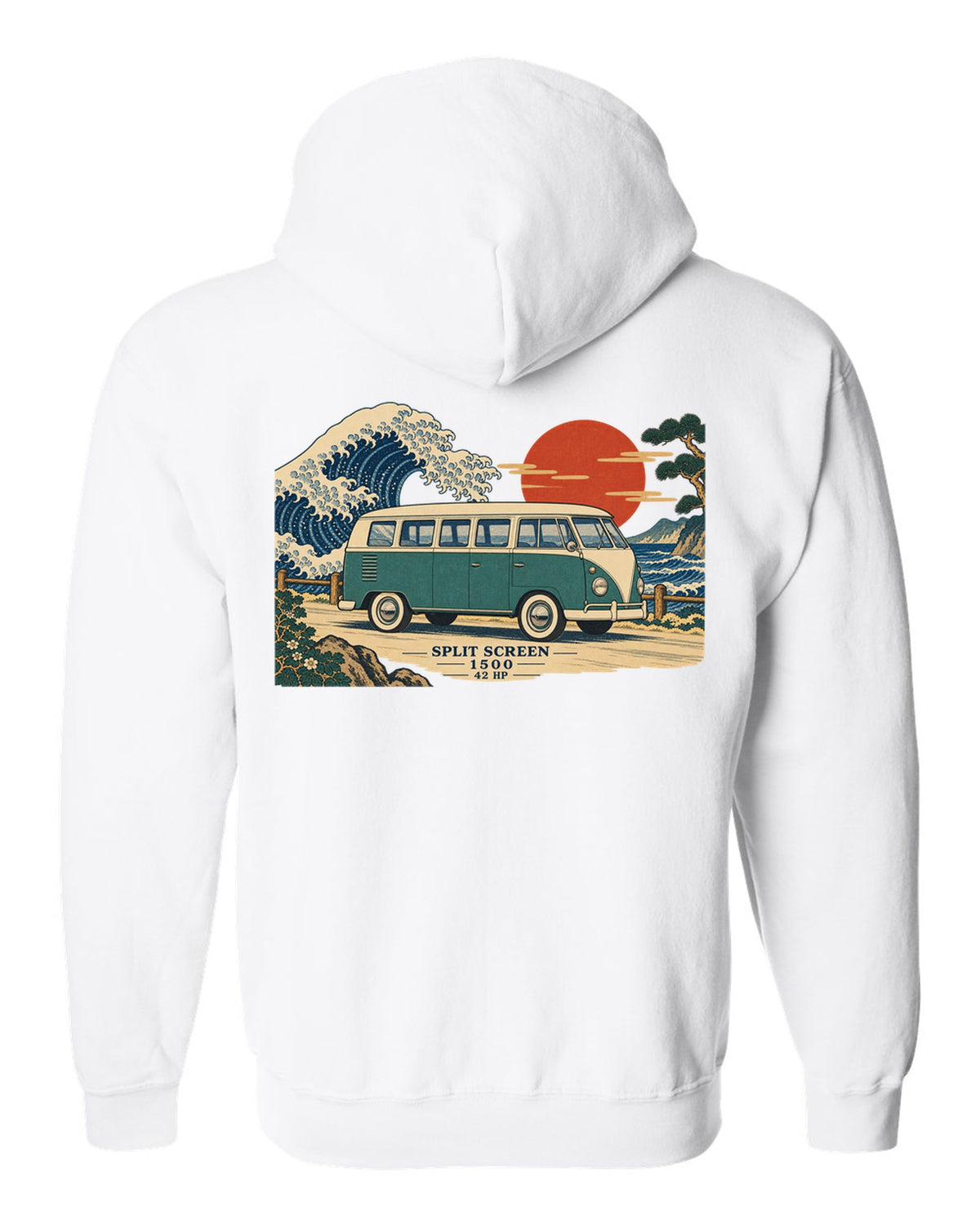 Ukiyo-e woodblock of a 1963 split-window VW Bus T1 with a wave and 42 HP lettering white zip hoodie back view with the design