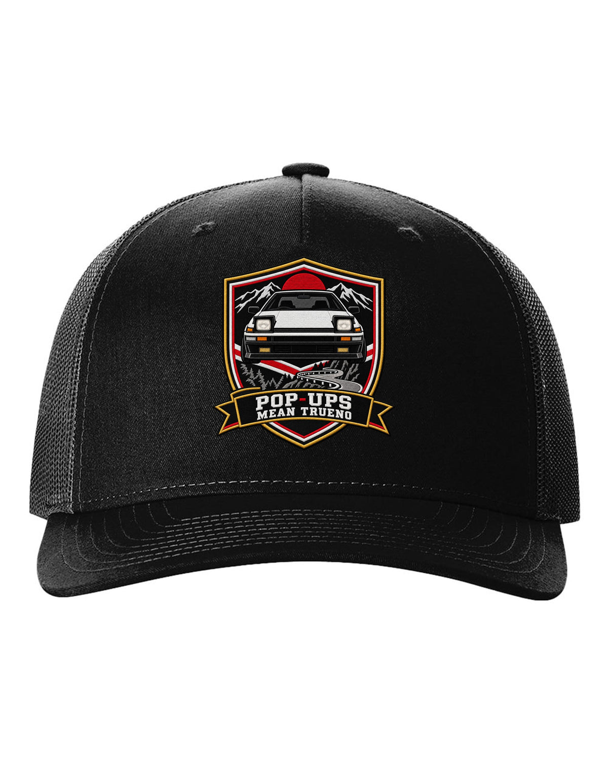Embroidery varsity crest print of a Toyota Sprinter Trueno AE86 with Pop-Ups lettering black hat front view with the design
