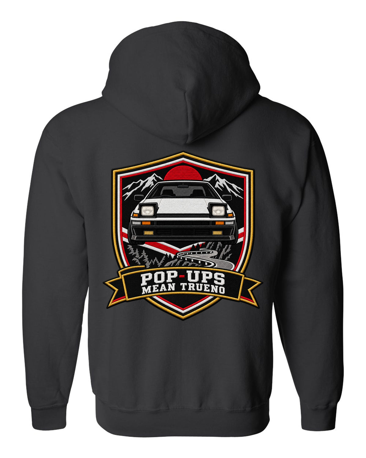 Embroidery varsity crest print of a Toyota Sprinter Trueno AE86 with Pop-Ups lettering black zip hoodie back view with the design