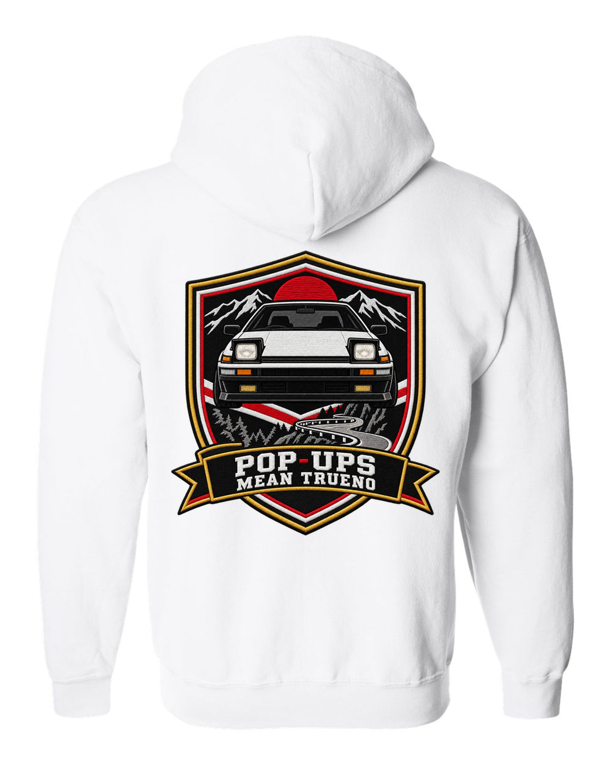 Embroidery varsity crest print of a Toyota Sprinter Trueno AE86 with Pop-Ups lettering white zip hoodie back view with the design